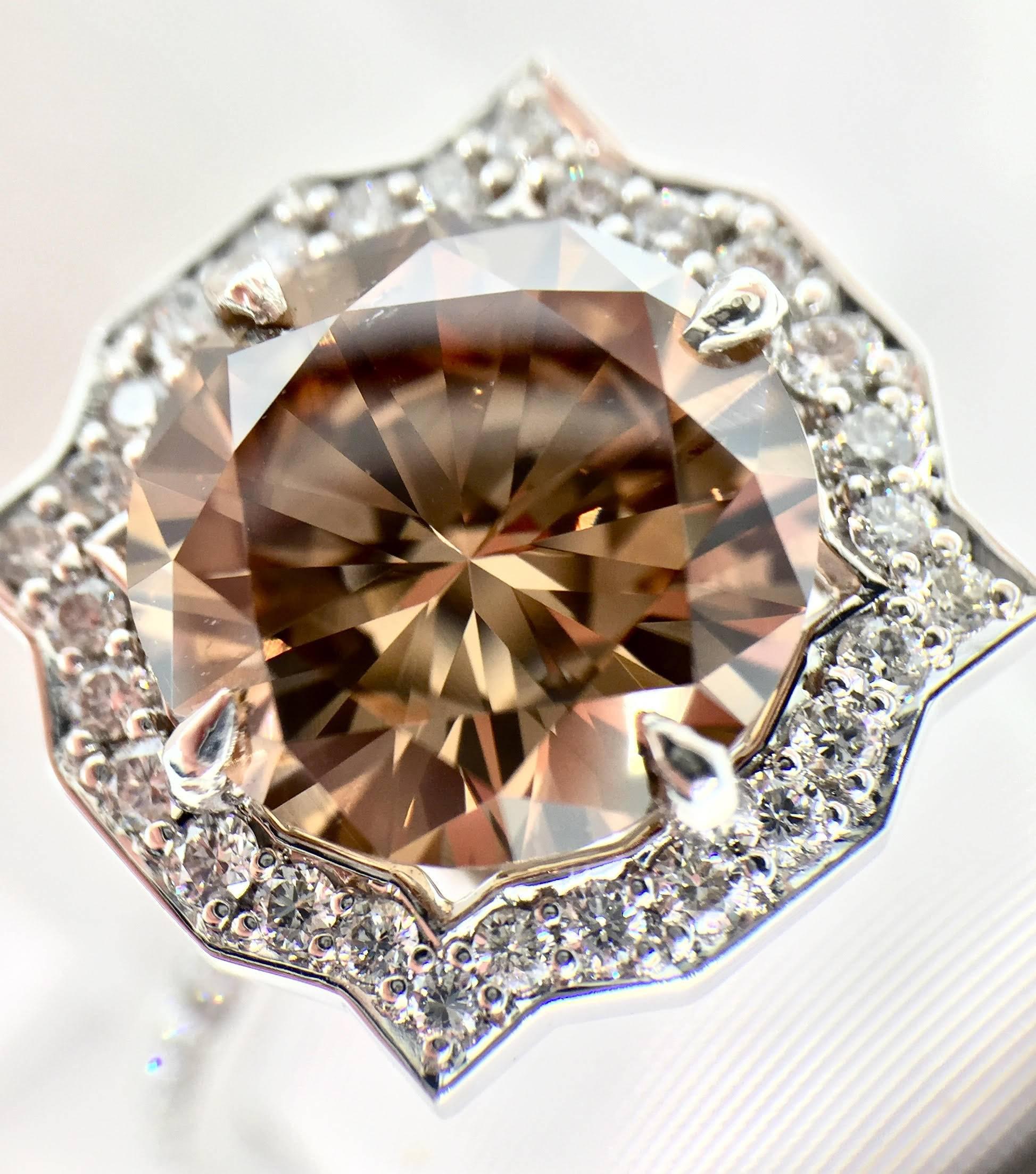 Round Cut  4.15 Carat Fancy Orangey Brown Round Diamond Modern Art Deco Style Ring