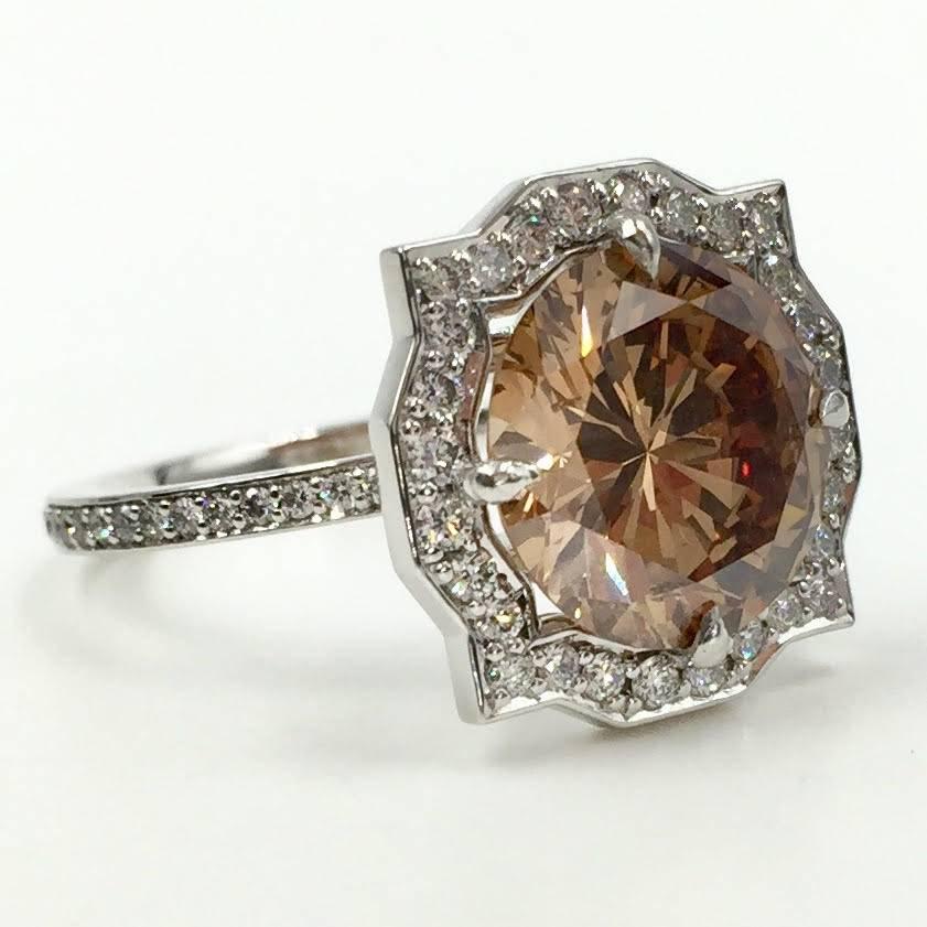  4.15 Carat Fancy Orangey Brown Round Diamond Modern Art Deco Style Ring In New Condition In Pikesville, MD