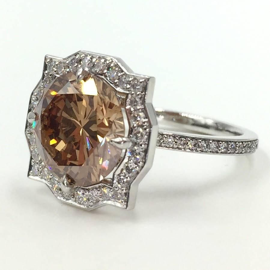  4.15 Carat Fancy Orangey Brown Round Diamond Modern Art Deco Style Ring 1