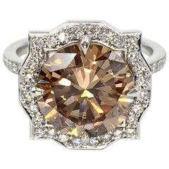  4.15 Carat Fancy Orangey Brown Round Diamond Modern Art Deco Style Ring