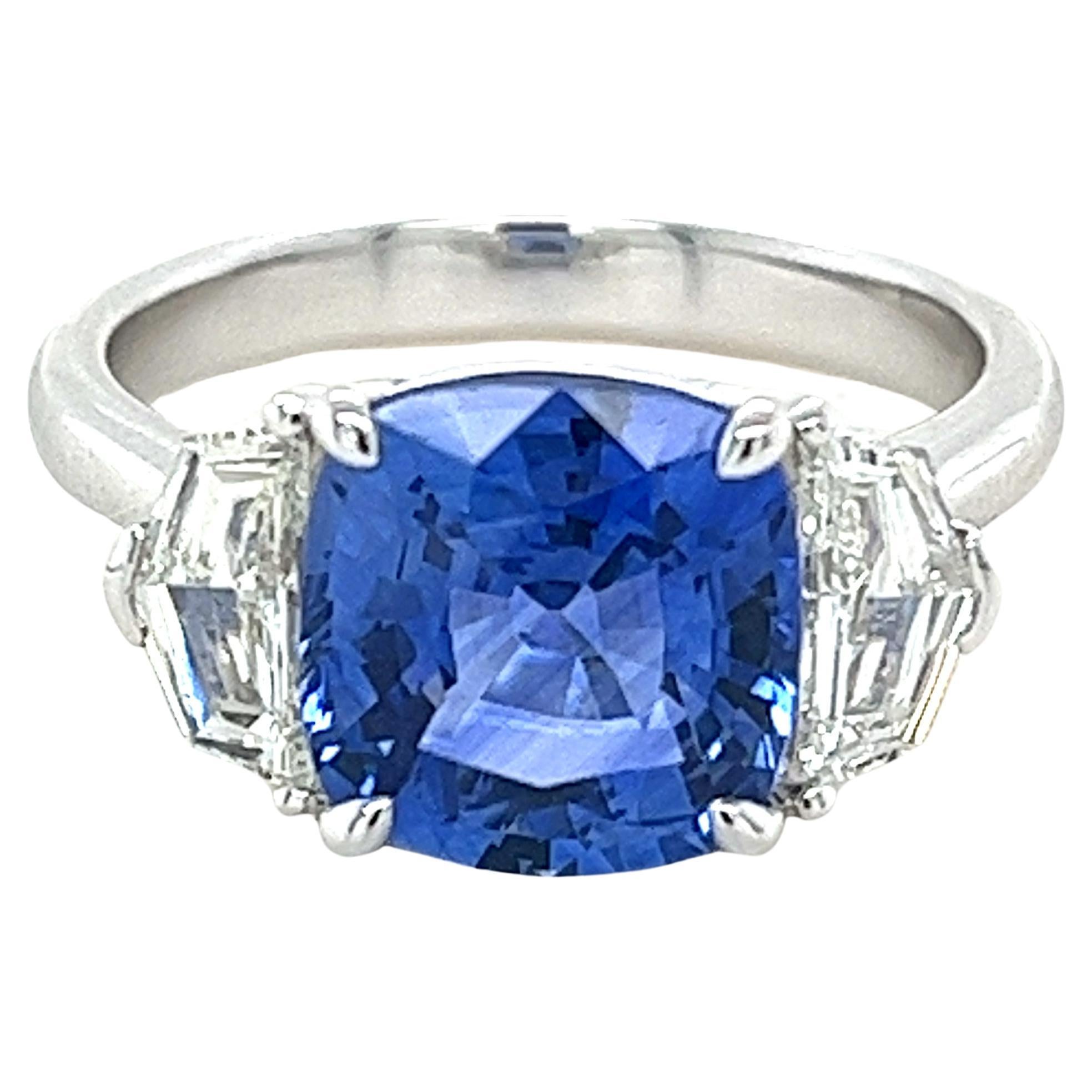 4.15 Carat GIA Certified Ceylon Sapphire & Diamond Three Stone Ring in Platinum