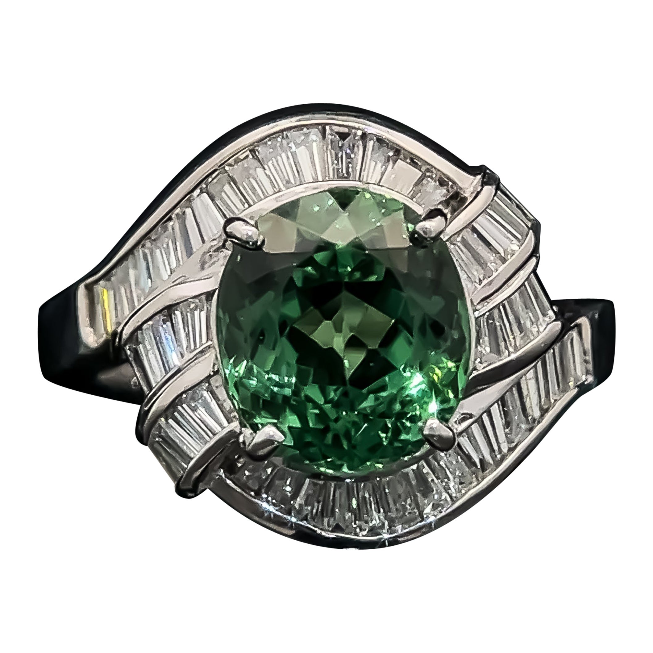 4.15 Carat Green Tourmaline Oval & Diamond Cocktail Estate Ring in Platinum