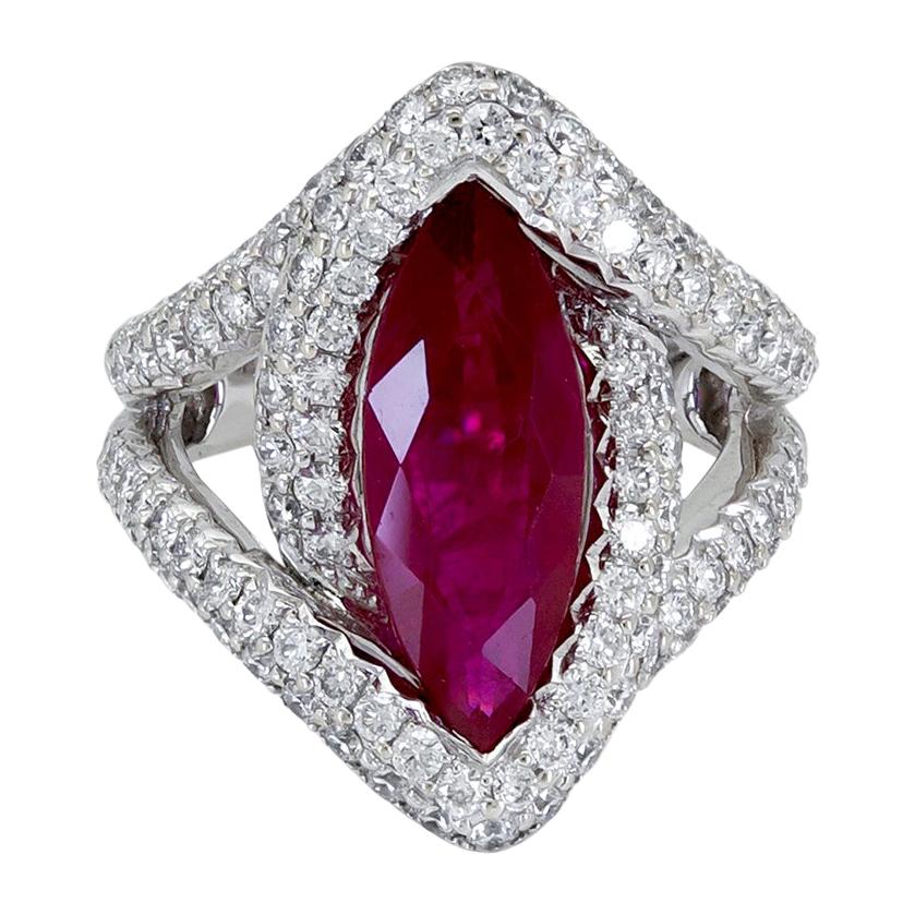 4.15 Carat Marquise Cut Ruby and Diamond Split Shank Halo Engagement Ring For Sale