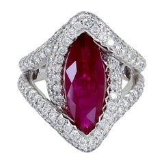 Vintage 4.15 Carat Marquise Cut Ruby and Diamond Split Shank Halo Engagement Ring