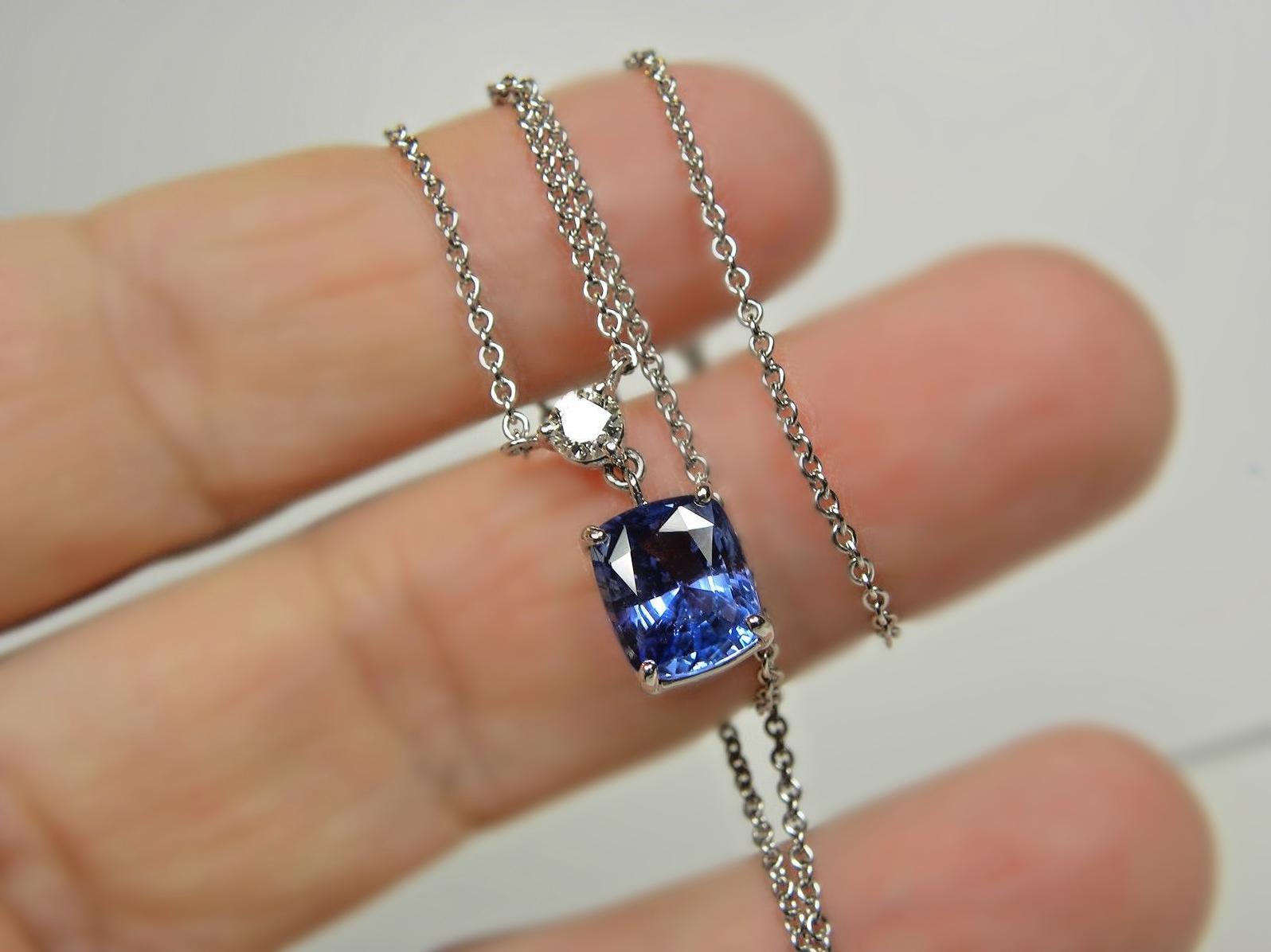 Primary Stones: Ceylon Sapphire
Shape or Cut : Cushion Cut
Average Color/Clarity : Cornflower Blue/ Clarity VS
Total Sapphire Weight : 3.90 Carats 
Total Diamond Weight: Round Cut/ .25ct H-VS1 
Pendant Measurement: 18.00mmx 7.75mm 
Total Gemstone
