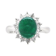 4.15 Carat, Natural, Emerald Cabochon and Diamond Ring Set in Platinum