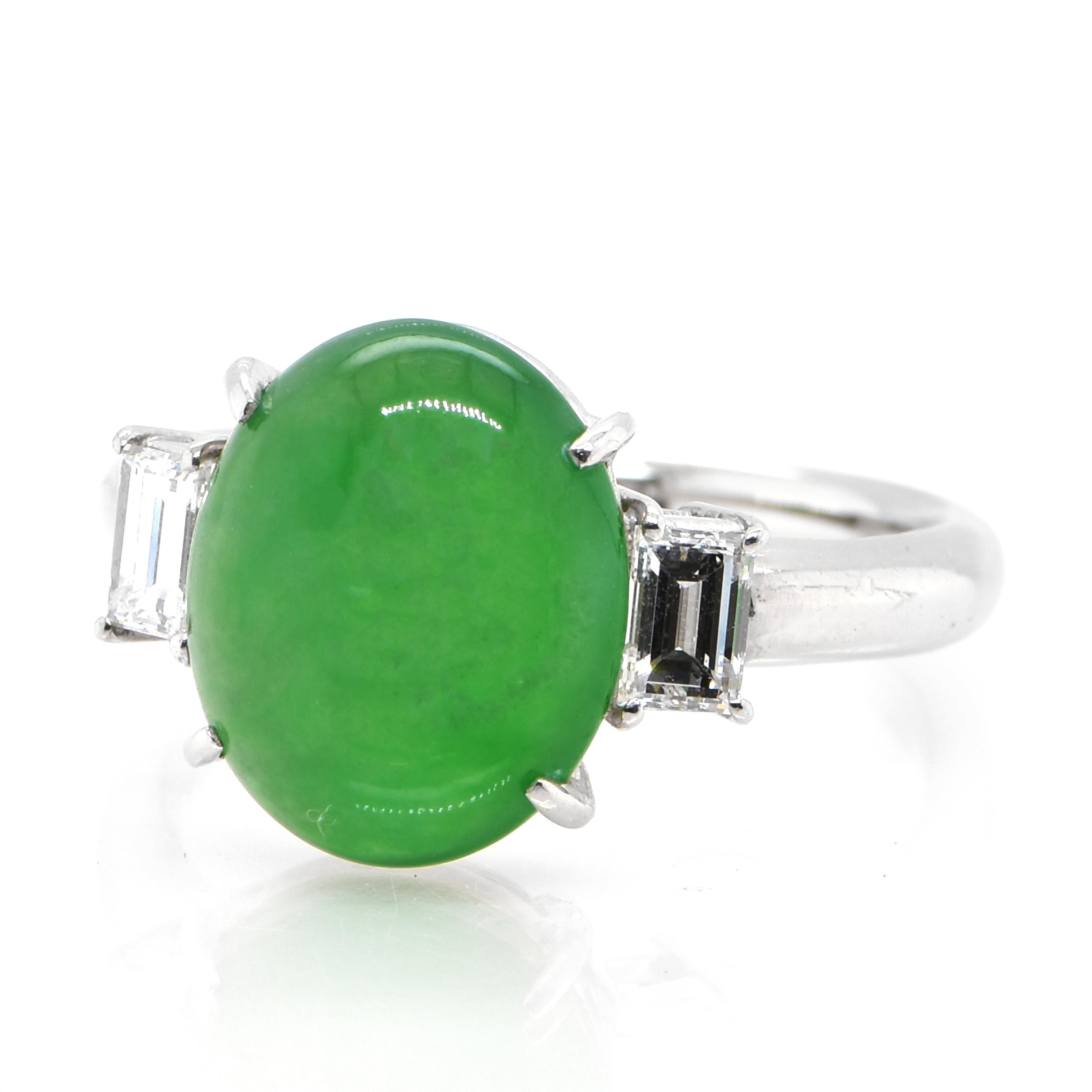 A beautiful Ring featuring a 4.153 Carat, Natural, Non-dyed Jadeite and 0.426 Carats of Diamond Accents set in Platinum. Jadeite has been cherished for millennia. Its nature is pure and enduring, yet sensuous and luxurious. Jadeite’s exceptional