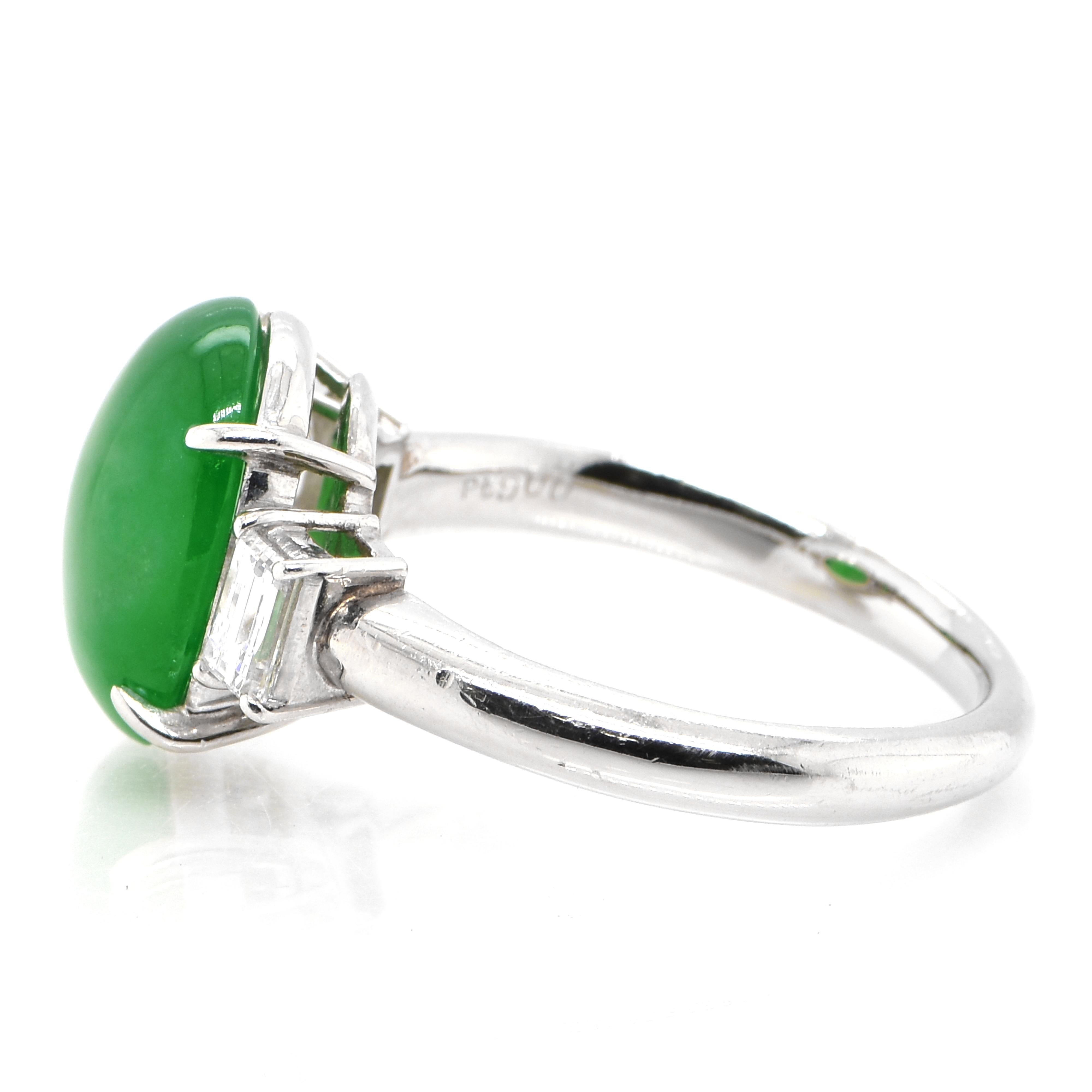 Cabochon 4.15 Carat Natural 'Type-A' Jadeite and Diamond Ring Set in Platinum For Sale