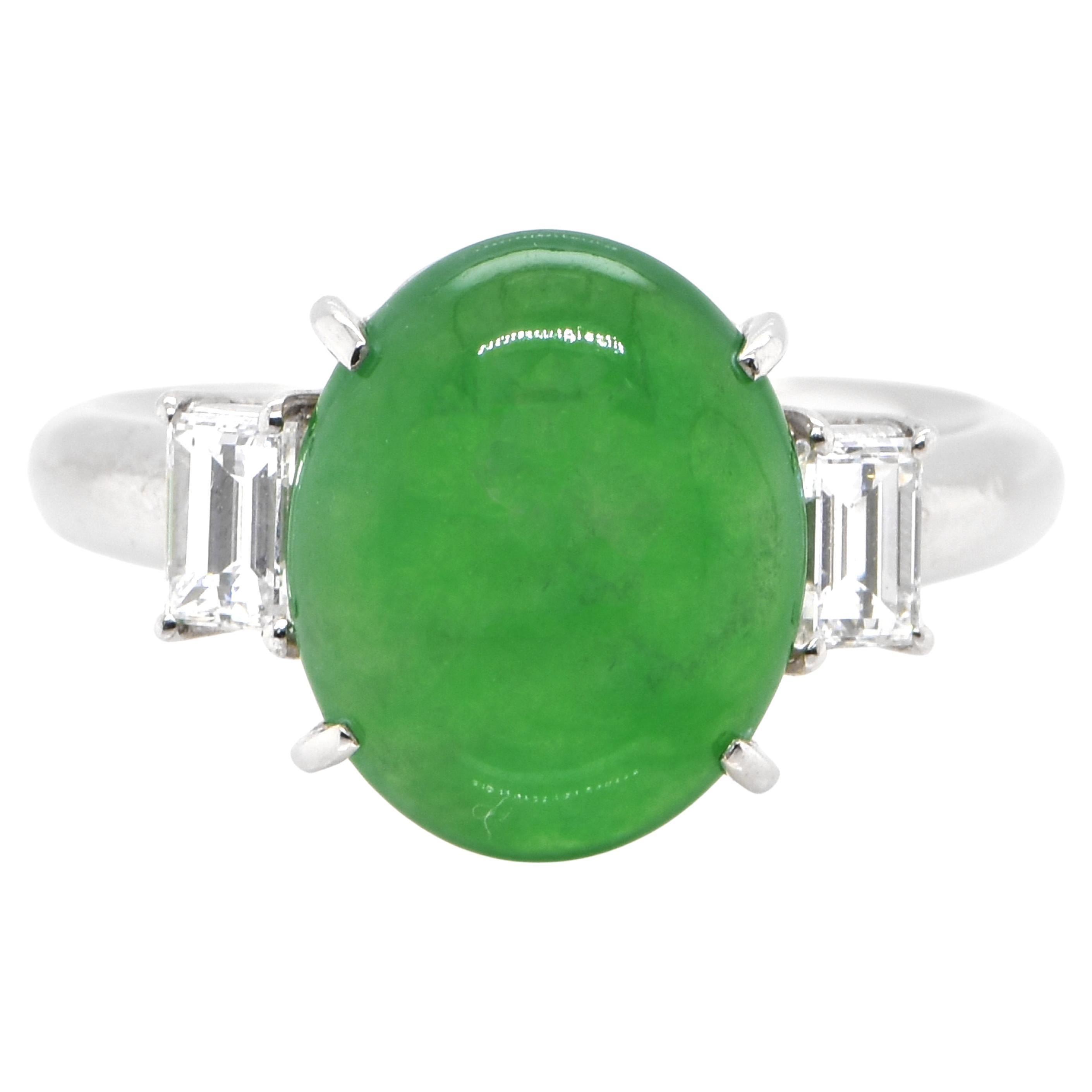 4.15 Carat Natural 'Type-A' Jadeite and Diamond Ring Set in Platinum For Sale