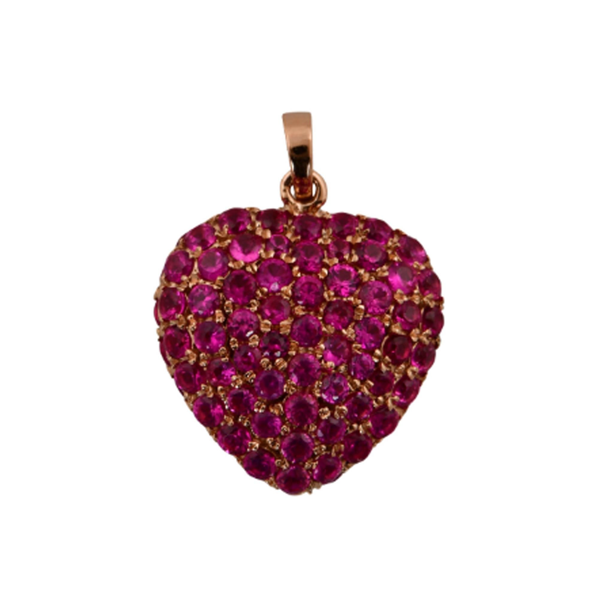 Pendentif cœur en or rose 18 carats avec pierres précieuses roses de 4,15 carats, fait à la main