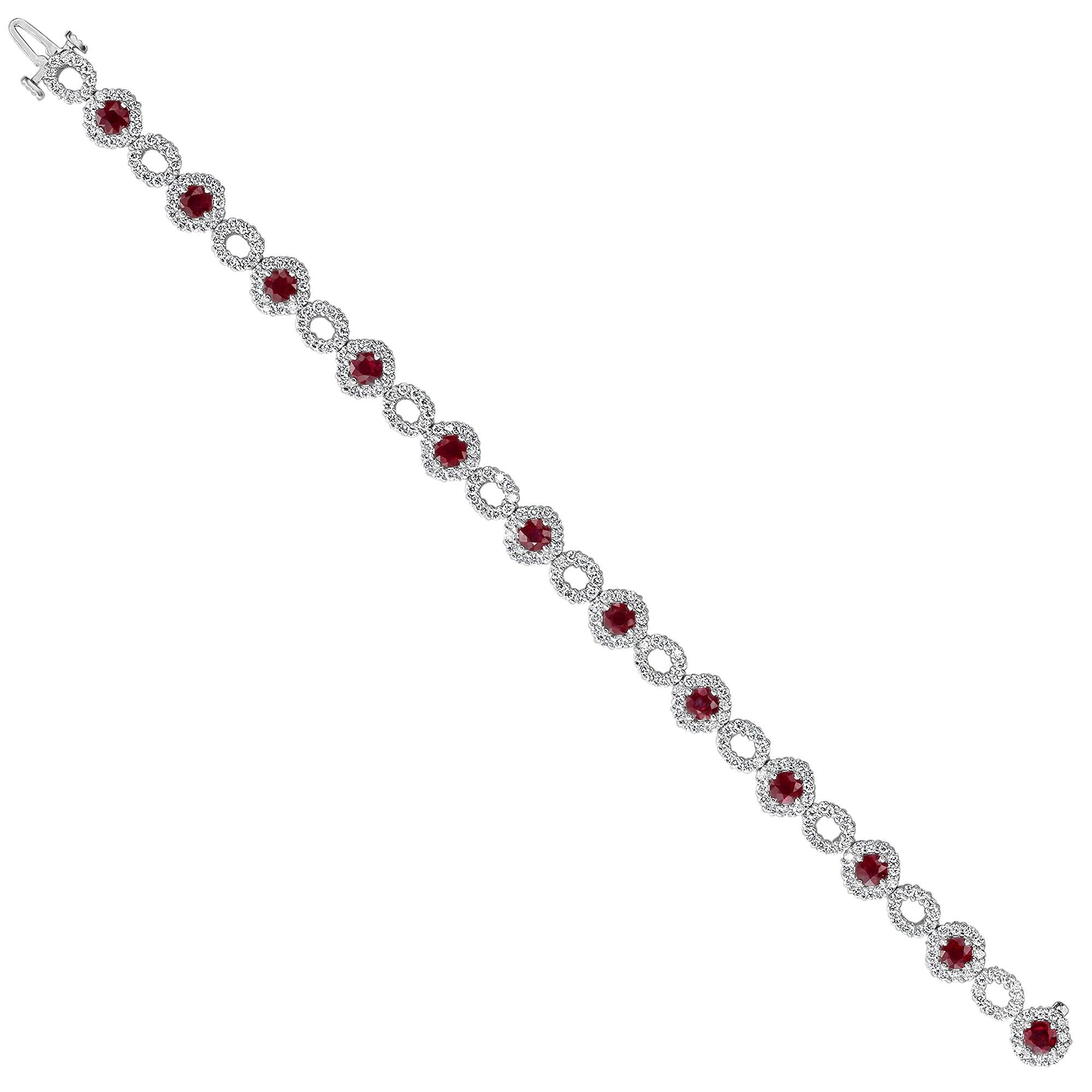 Modern 4.15 Carat Ruby and Diamond White Gold Bracelet For Sale