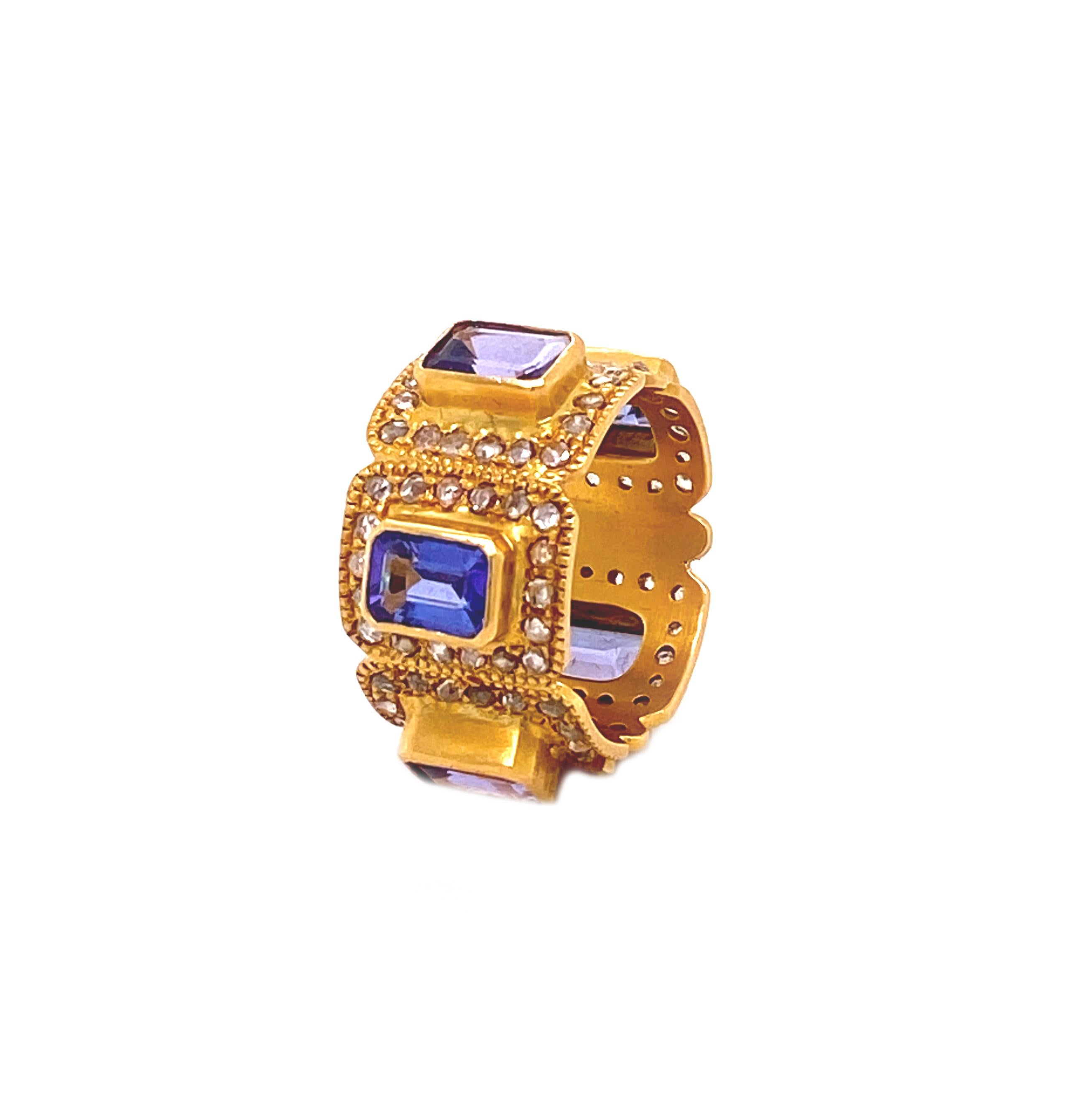 Bold and stunning Art Deco Style Mosaic Ring set in 20 Karat Yellow Gold and 4.15cts Tanzanite with Rose Cut Diamonds at 1.22cts. This beautiful statement ring brought to you from the Luminosity collection of Coomi's, which consists of bold design