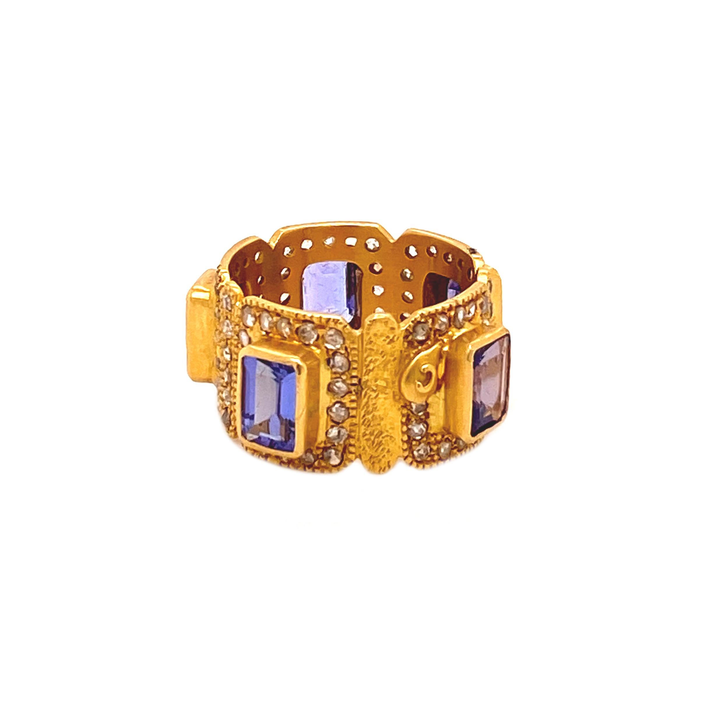 Square Cut 4.15 Carat Tanzanite Art Deco Style Mosaic Cocktail Band Coomi Ring For Sale