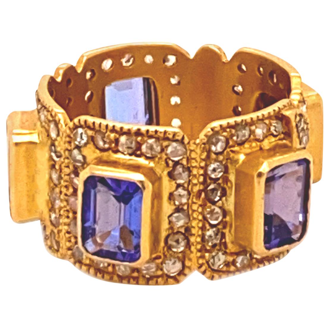 4.15 Carat Tanzanite Art Deco Style Mosaic Cocktail Band Coomi Ring For Sale