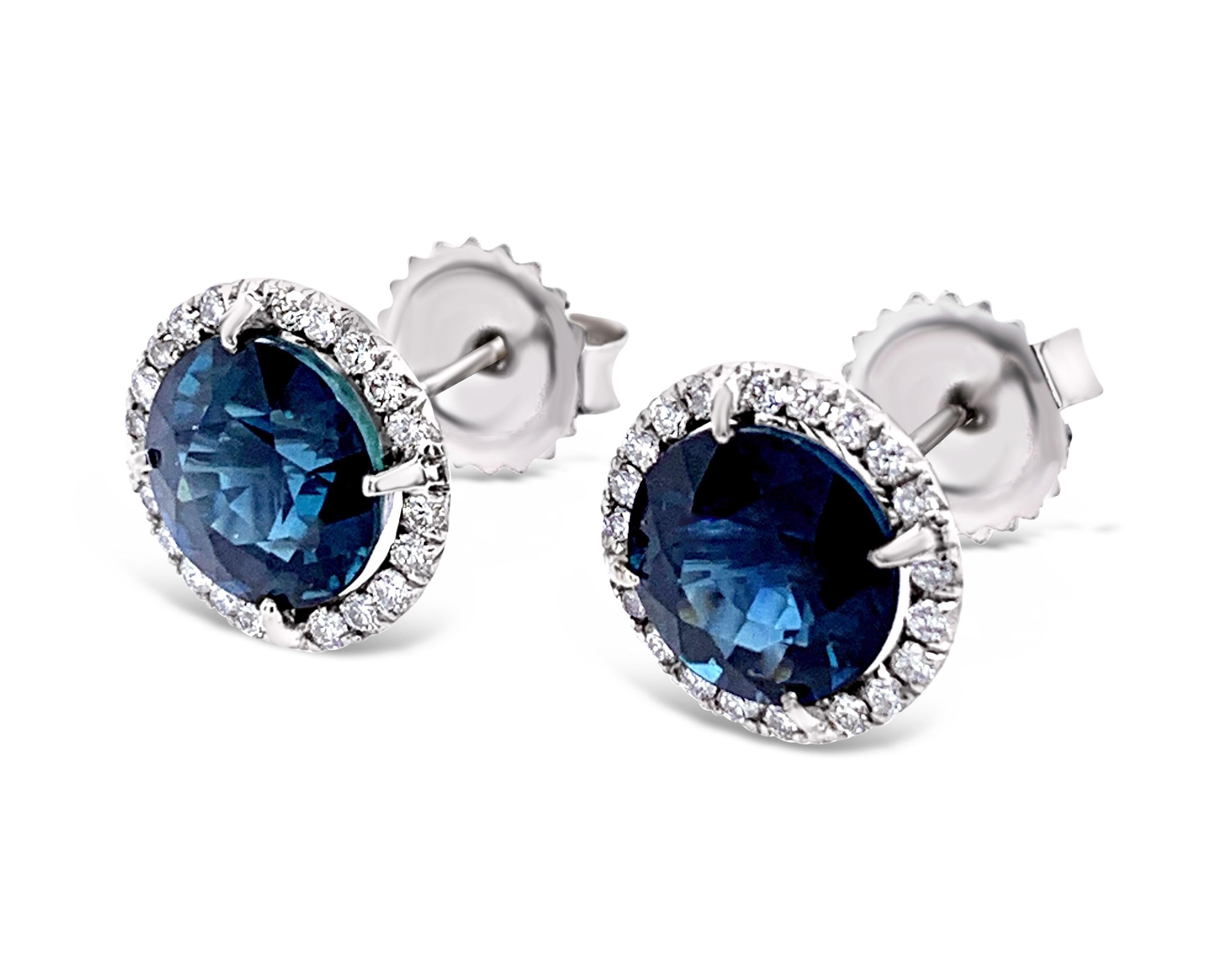 Round Cut 4.15 Carat 'Total Weight' Sapphire and Diamond Halo Stud Earrings For Sale