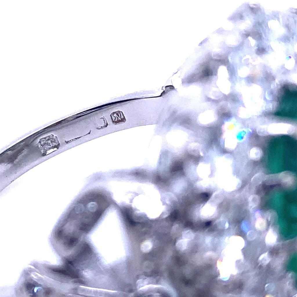 4.15 Carat Zambian Emerald and Diamond Cluster 18 Kt White Gold Engagement Ring For Sale 4