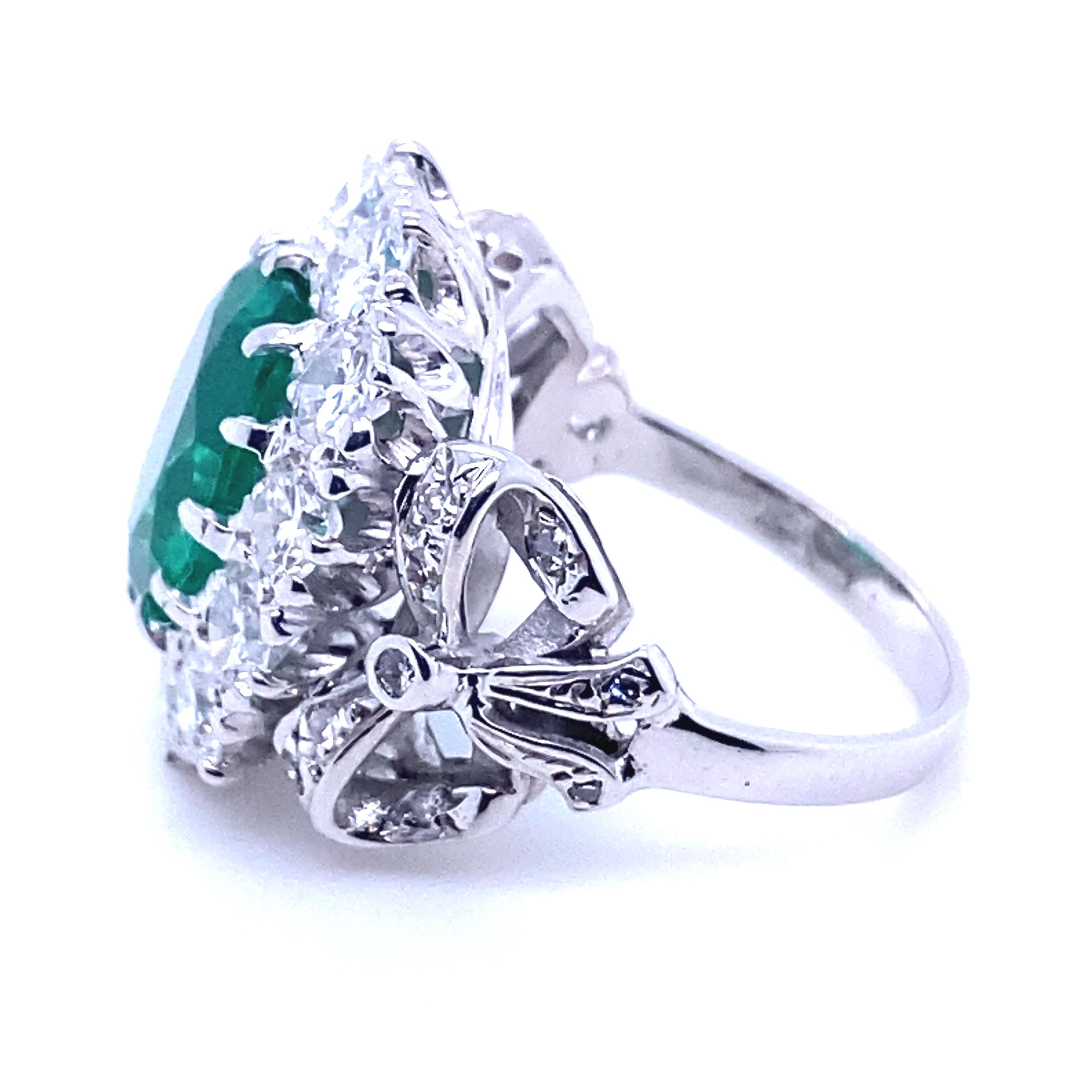Women's 4.15 Carat Zambian Emerald and Diamond Cluster 18 Kt White Gold Engagement Ring For Sale