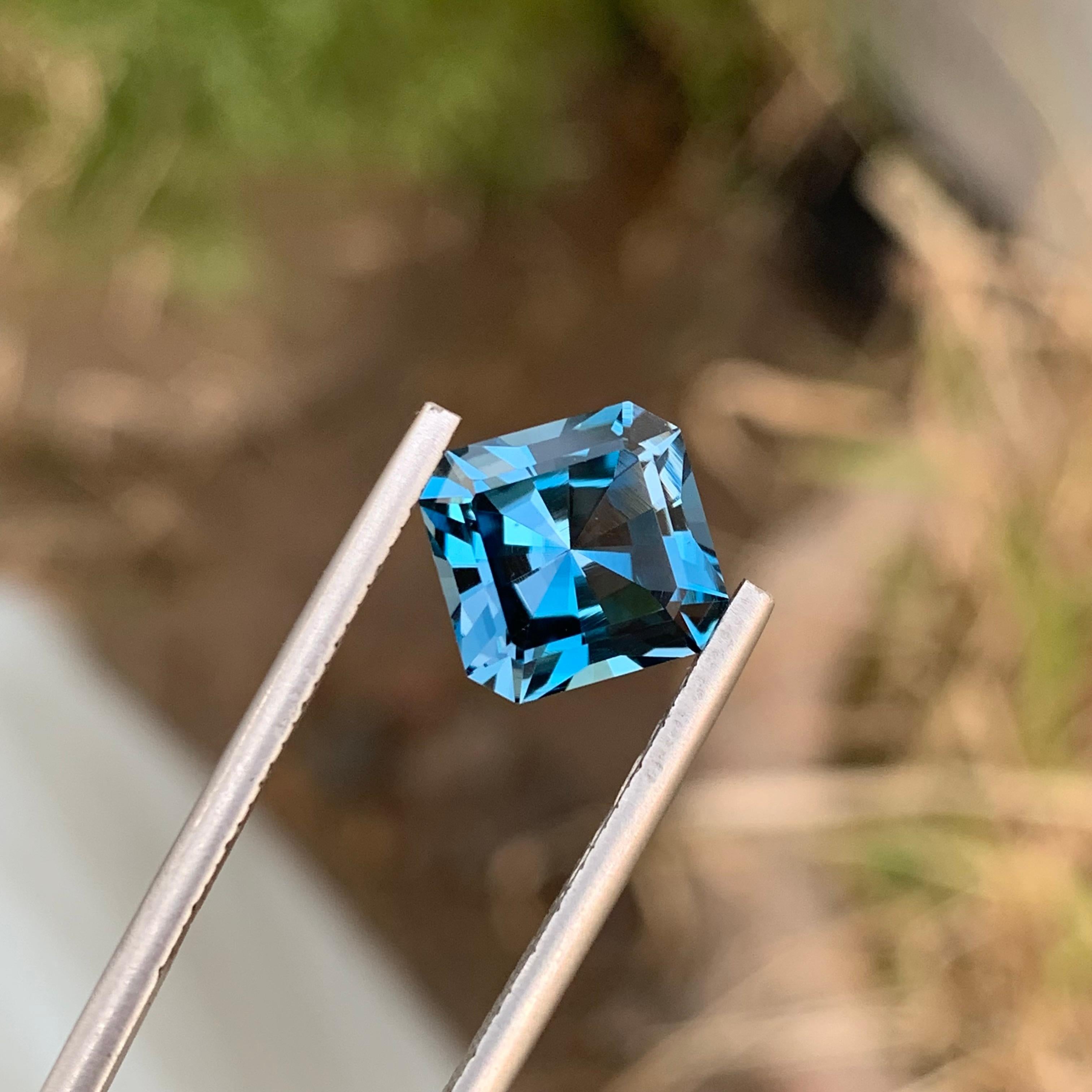 Loose London Blue Topaz
Weight: 4.15 Carats 
Dimension: 9.1x8.7x6.2 Mm
Origin: Brazil
Shape: Square Fancy
Color: Deep Blue
Certificate: On Customer Demand 
London Blue Topaz is a mesmerizing variety of topaz renowned for its deep and enchanting blue