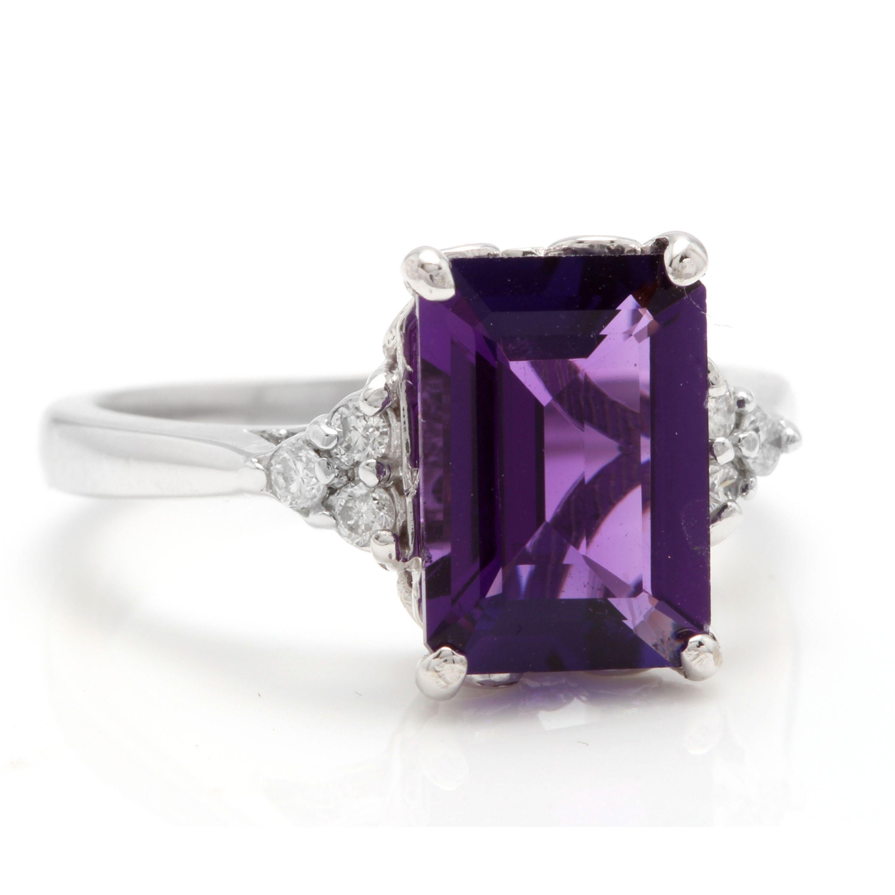 4.15 Carats Natural Amethyst and Diamond 14K Solid White Gold Ring

Total Natural Emerald Cut Amethyst Weights: Approx. 4.00 Carats

Amethyst Measures: Approx. 10.00 x 8.00mm

Natural Round Diamonds Weight: Approx. 0.15 Carats (color G-H /Clarity