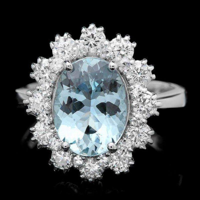 Mixed Cut 4.15 Carats Natural Aquamarine and Diamond 14K Solid White Gold Ring For Sale