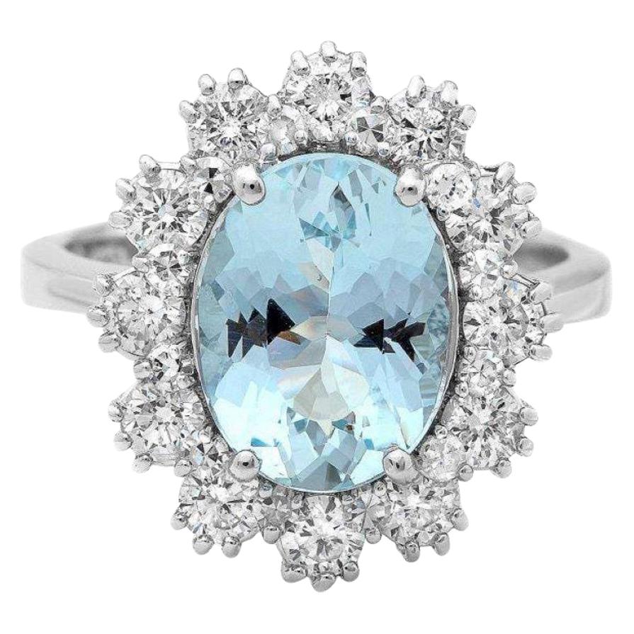 4.15 Carats Natural Aquamarine and Diamond 14K Solid White Gold Ring For Sale