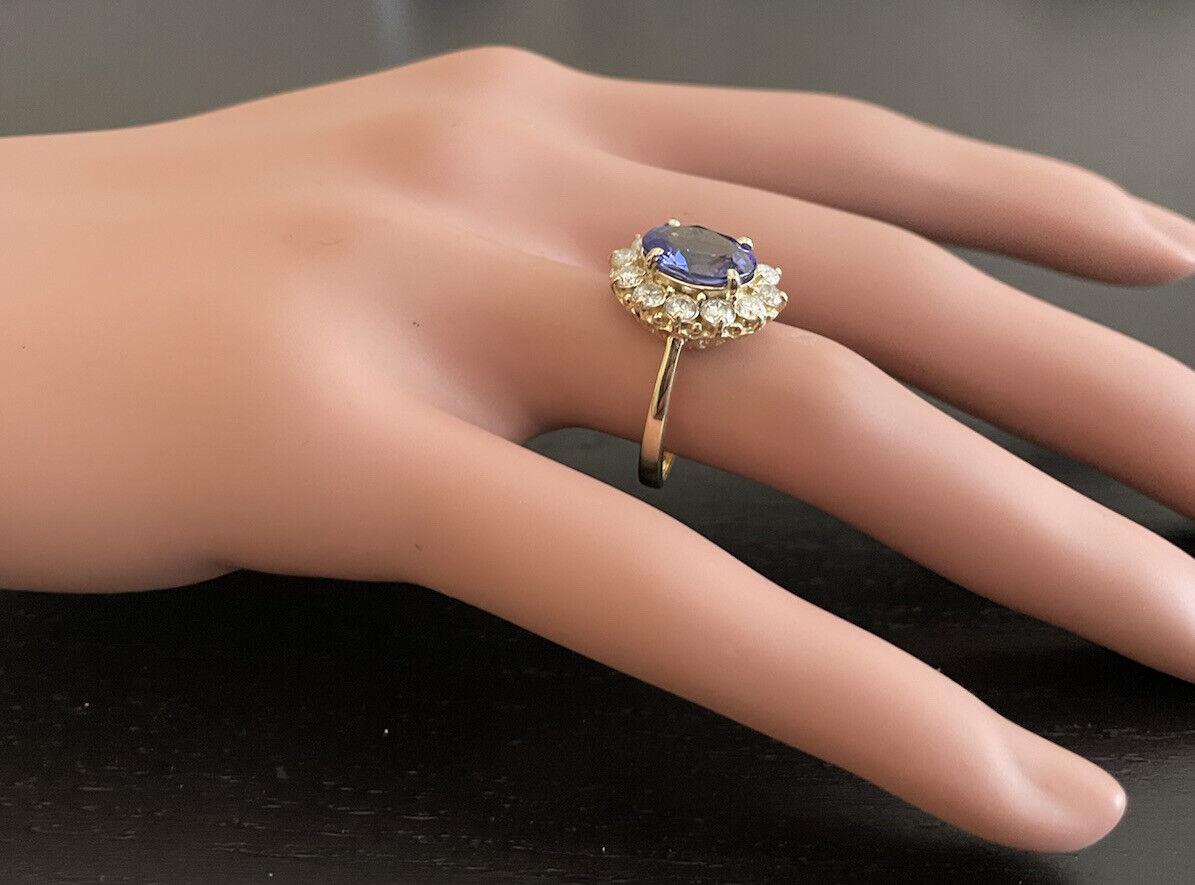 4.15 Ct Natural Nice Looking Tanzanite and Diamond 14K Solid Yellow Gold Ring For Sale 1