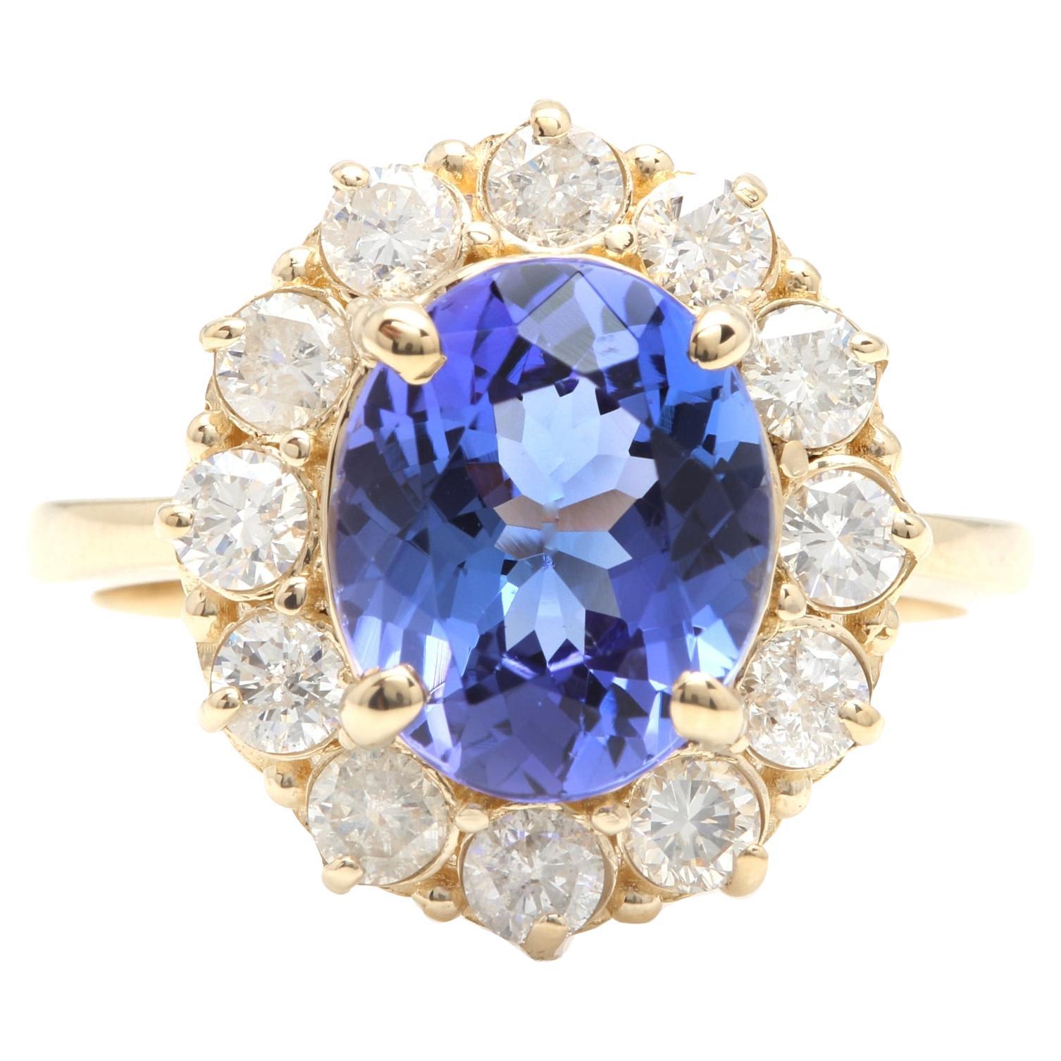 Anillo de oro amarillo macizo de 14 quilates con tanzanita y diamantes de 4,15 quilates naturales de bonito aspecto