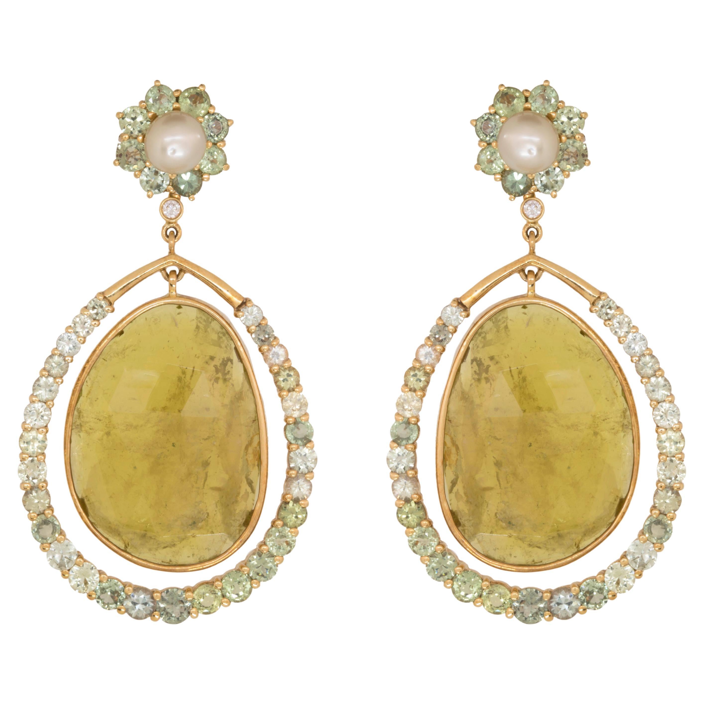 41.5 Ct. Tourmaline Pendulum Earrings Natural Bahraini Pearls 18kt Yellow Gold For Sale