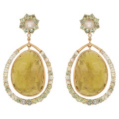 41.5 Ct. Tourmaline Pendulum Earrings Natural Bahraini Pearls 18kt Yellow Gold