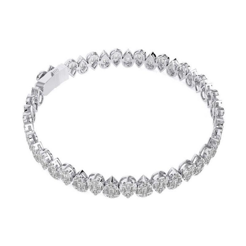 Overview:
The Timeless Tennis Collection’s teardrop bracelet is a luxurious and elegant piece, featuring 4.15 carats of round diamonds set in 18K white gold. This bracelet combines the sleek shine of white gold with the brilliant sparkle of round