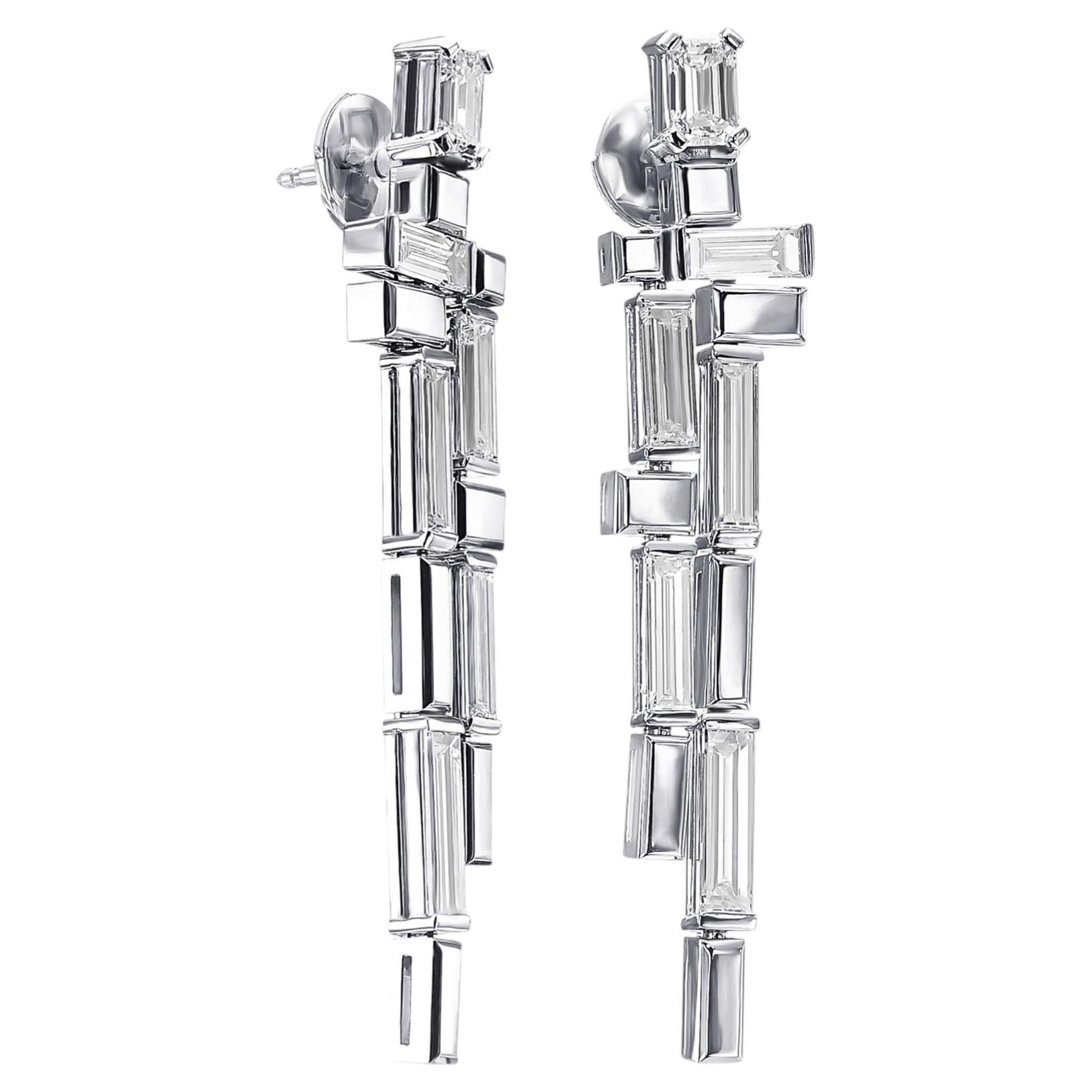4.15 tcw Baguette Natural Diamond in 18k White Gold Dangling Earrings