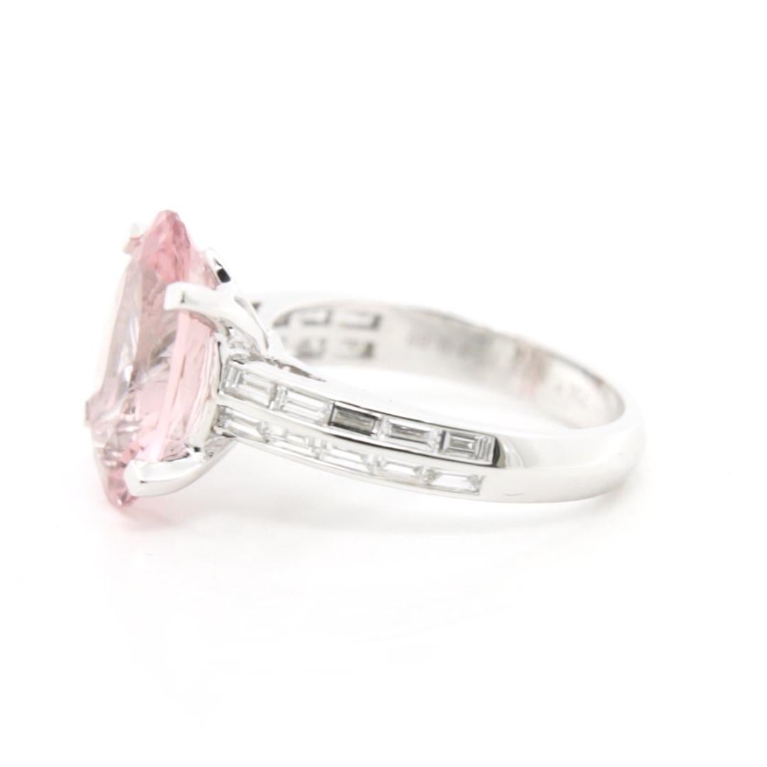 Contemporary 4.150 carat Pink Morganite Baguette Diamond Ring in 18K White Gold For Sale