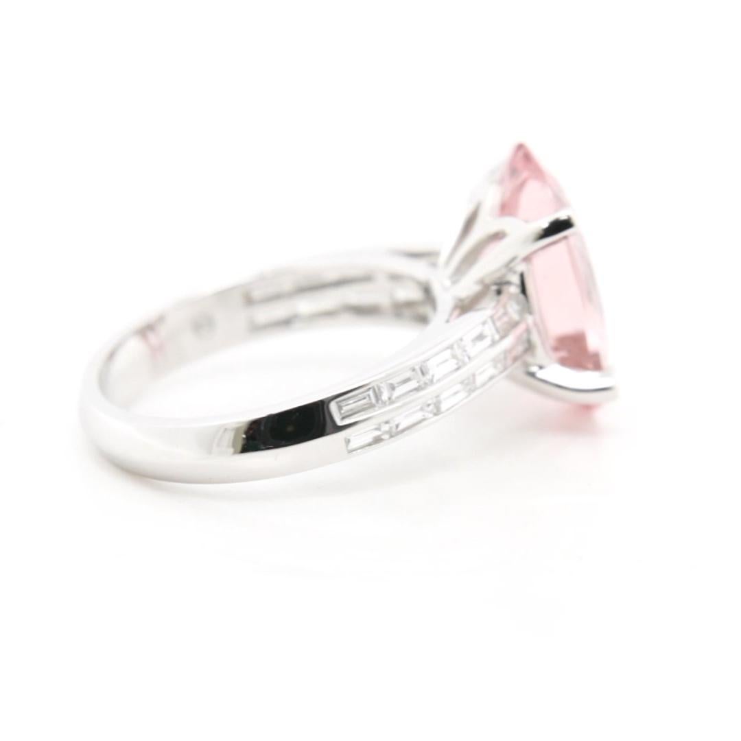 Women's or Men's 4.150 carat Pink Morganite Baguette Diamond Ring in 18K White Gold For Sale