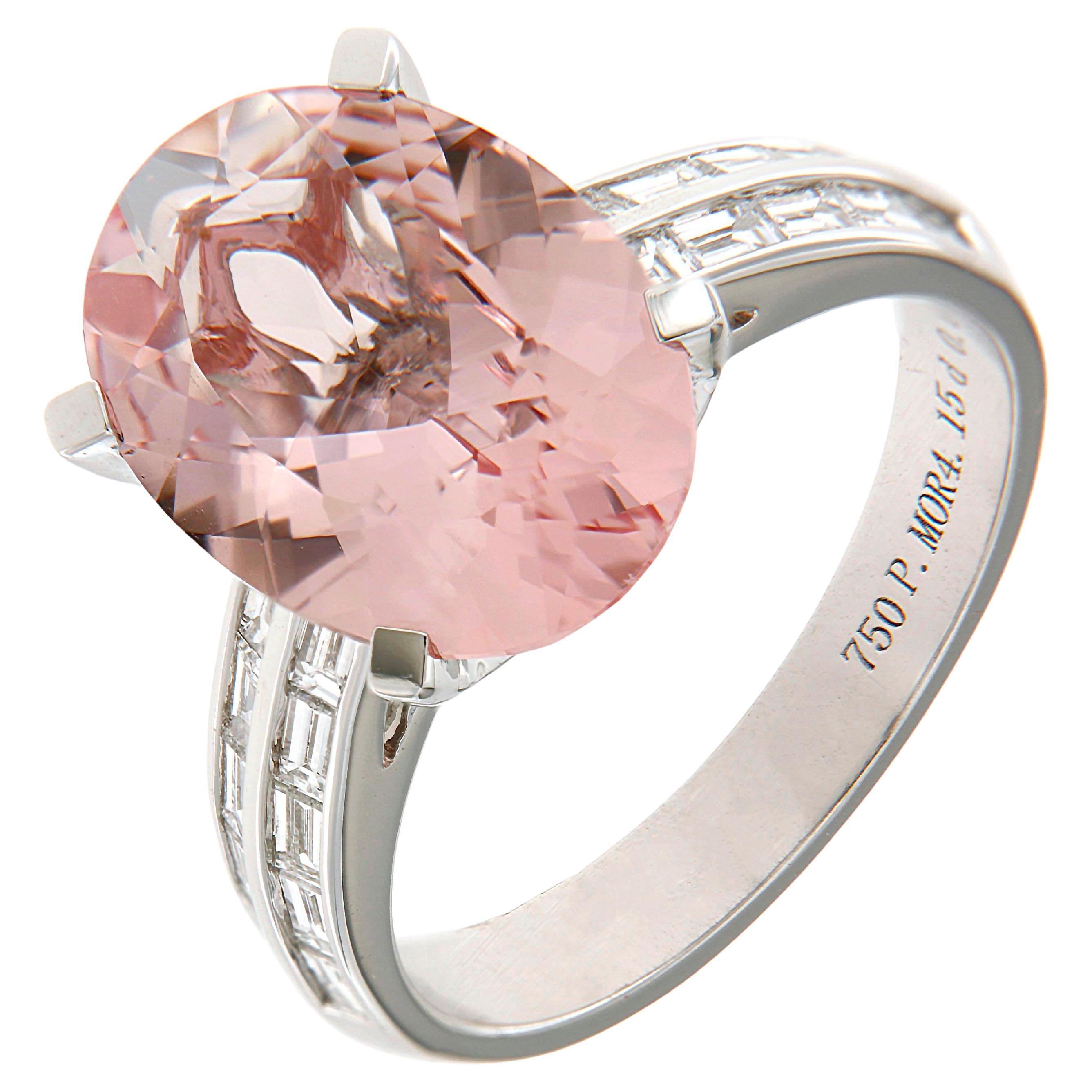 4.150 carat Pink Morganite Baguette Diamond Ring in 18K White Gold For Sale