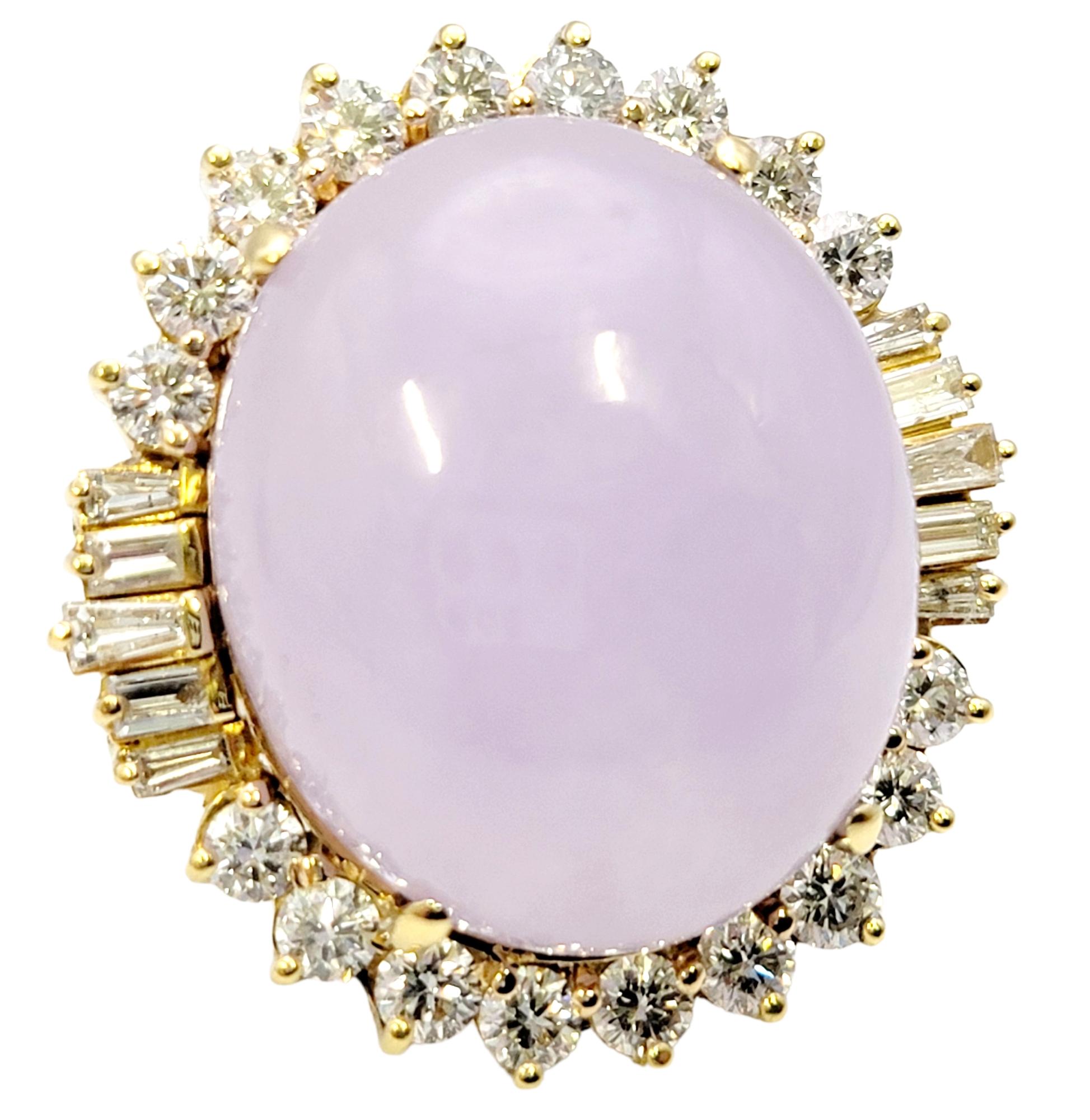 41.50 Carats Total Oval Cabochon Lavender Jade and Diamond Halo Cocktail Ring For Sale 5