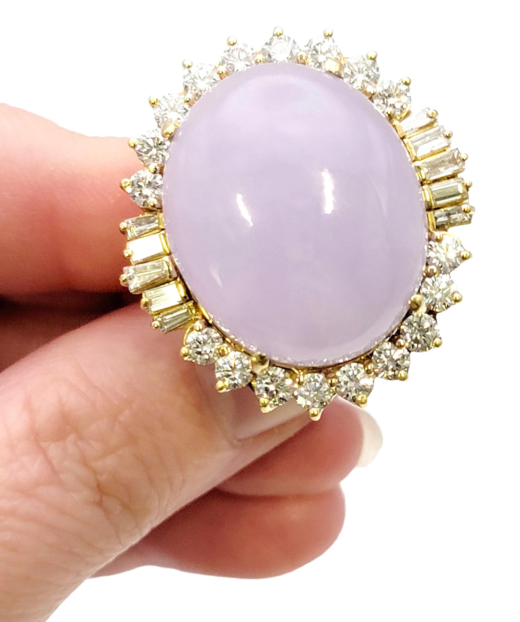 41.50 Carats Total Oval Cabochon Lavender Jade and Diamond Halo Cocktail Ring For Sale 6