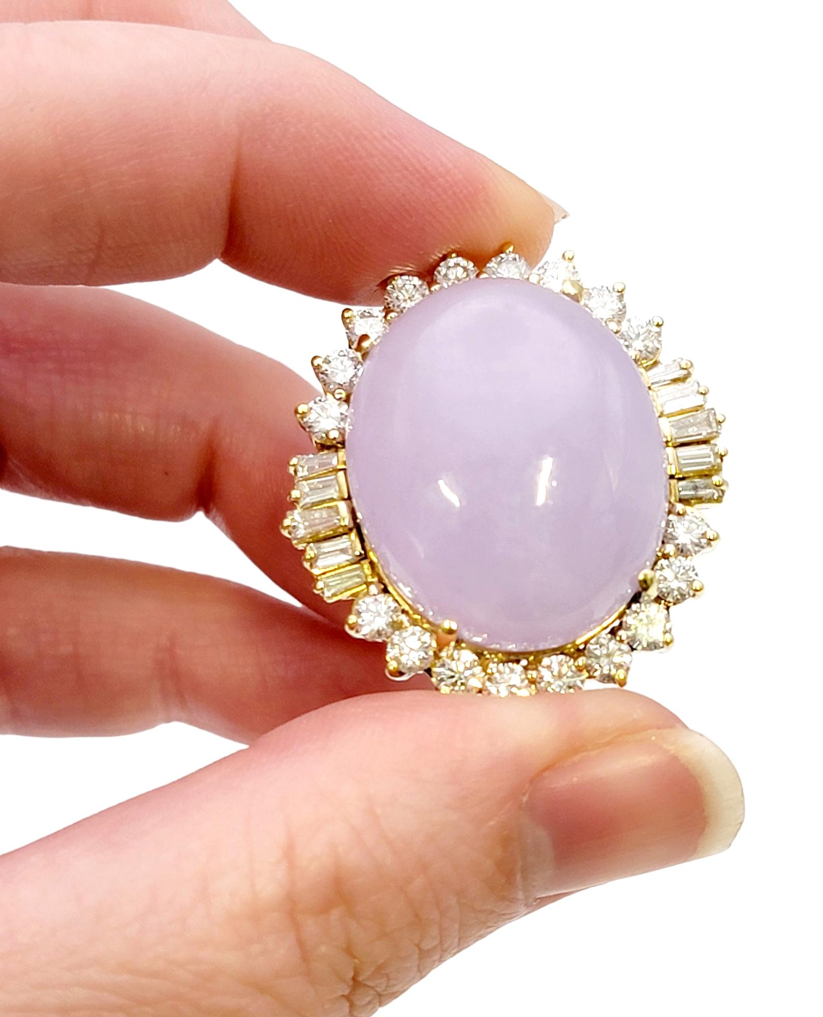 41.50 Carats Total Oval Cabochon Lavender Jade and Diamond Halo Cocktail Ring For Sale 7