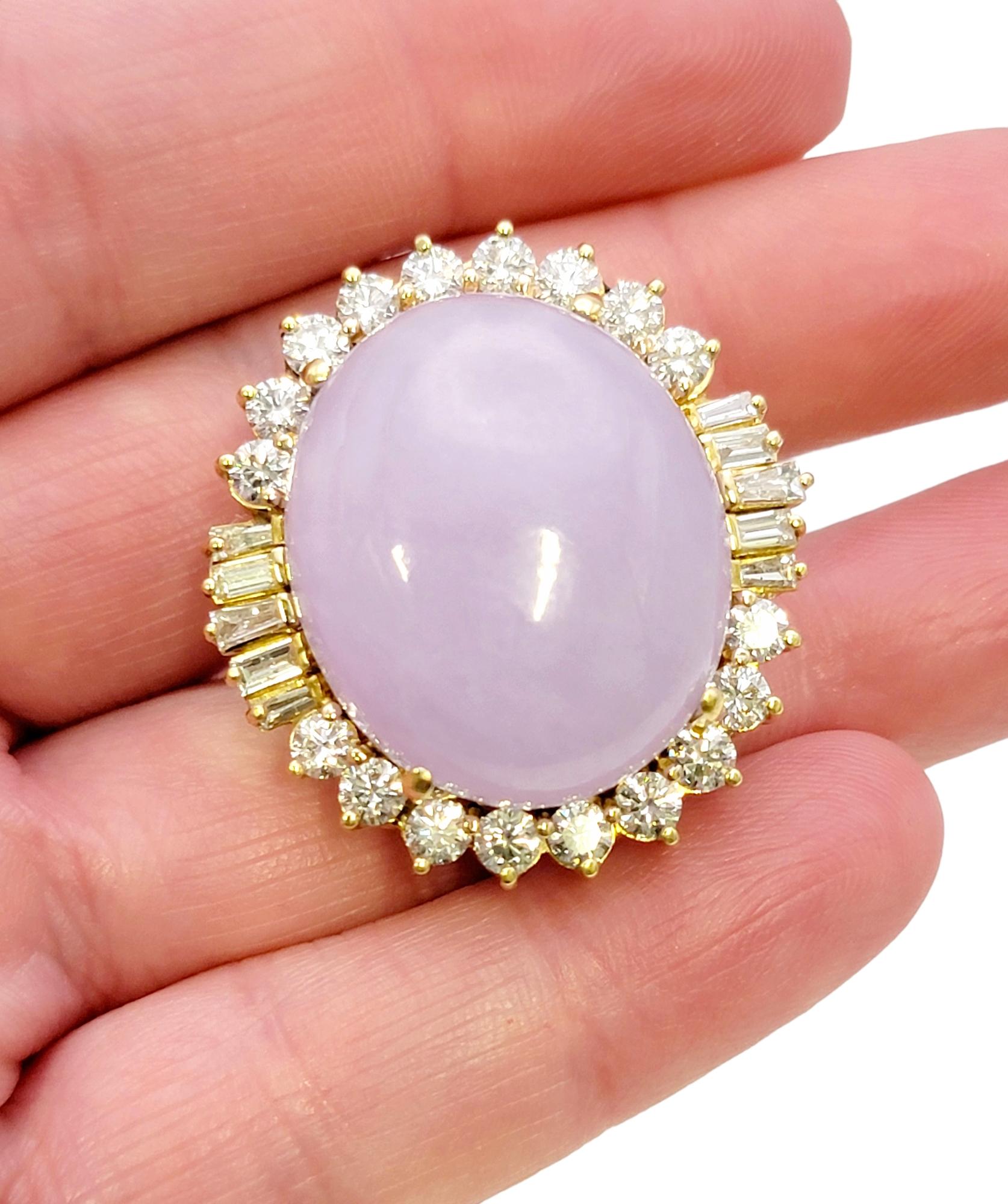 41.50 Carats Total Oval Cabochon Lavender Jade and Diamond Halo Cocktail Ring For Sale 9