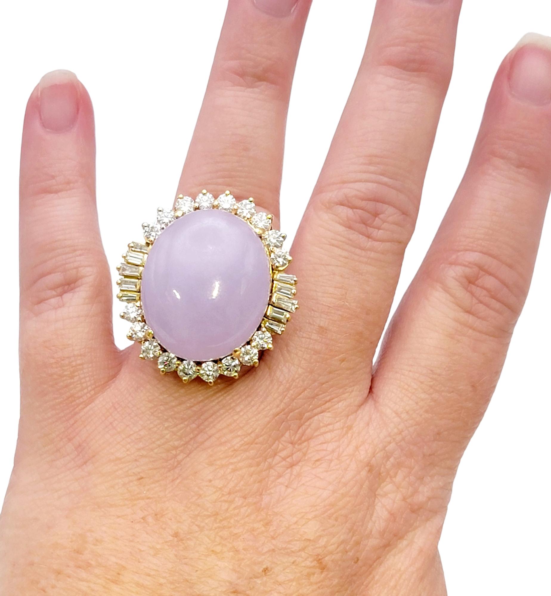 41.50 Carats Total Oval Cabochon Lavender Jade and Diamond Halo Cocktail Ring For Sale 10