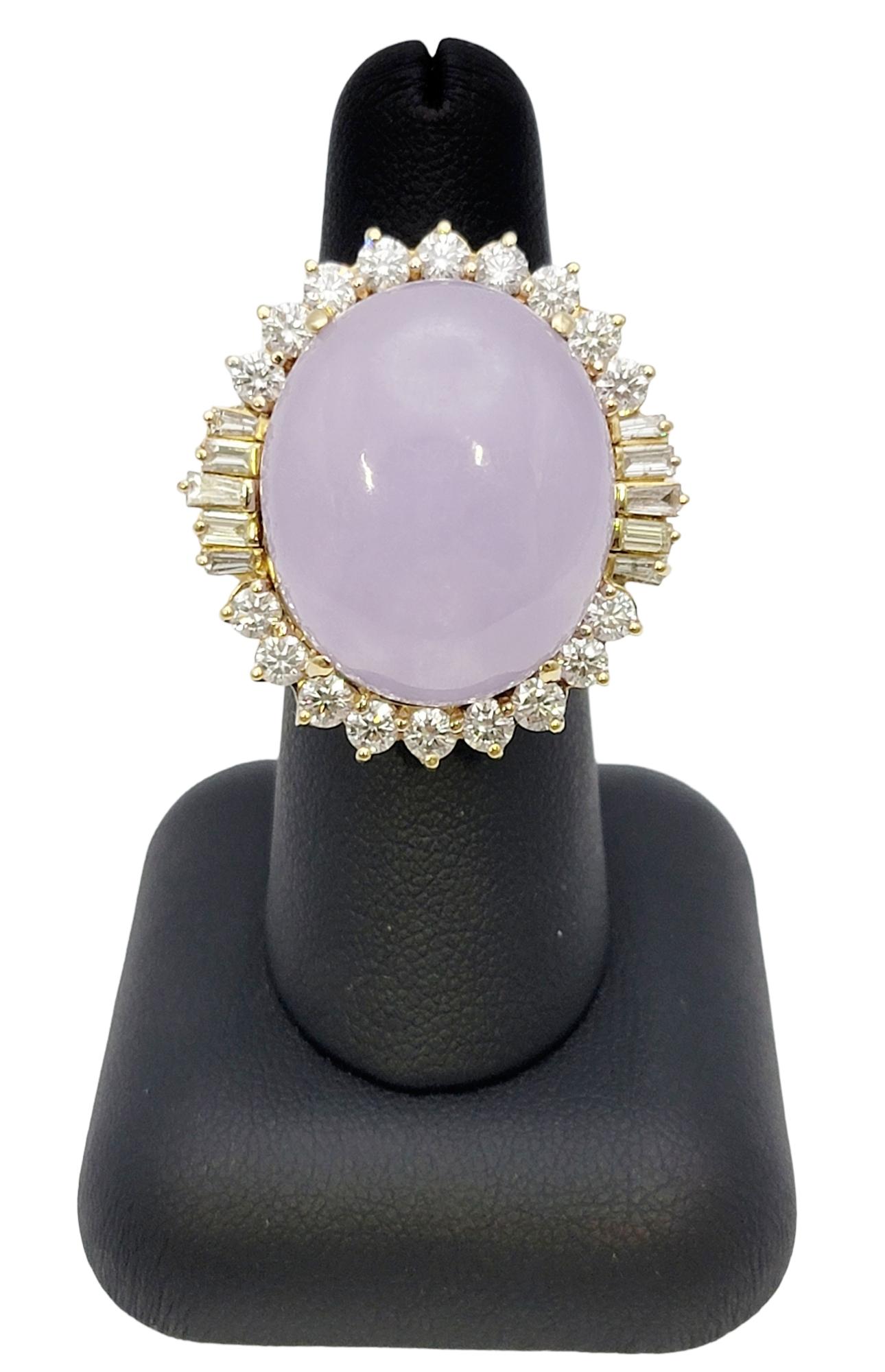 41.50 Carats Total Oval Cabochon Lavender Jade and Diamond Halo Cocktail Ring For Sale 11