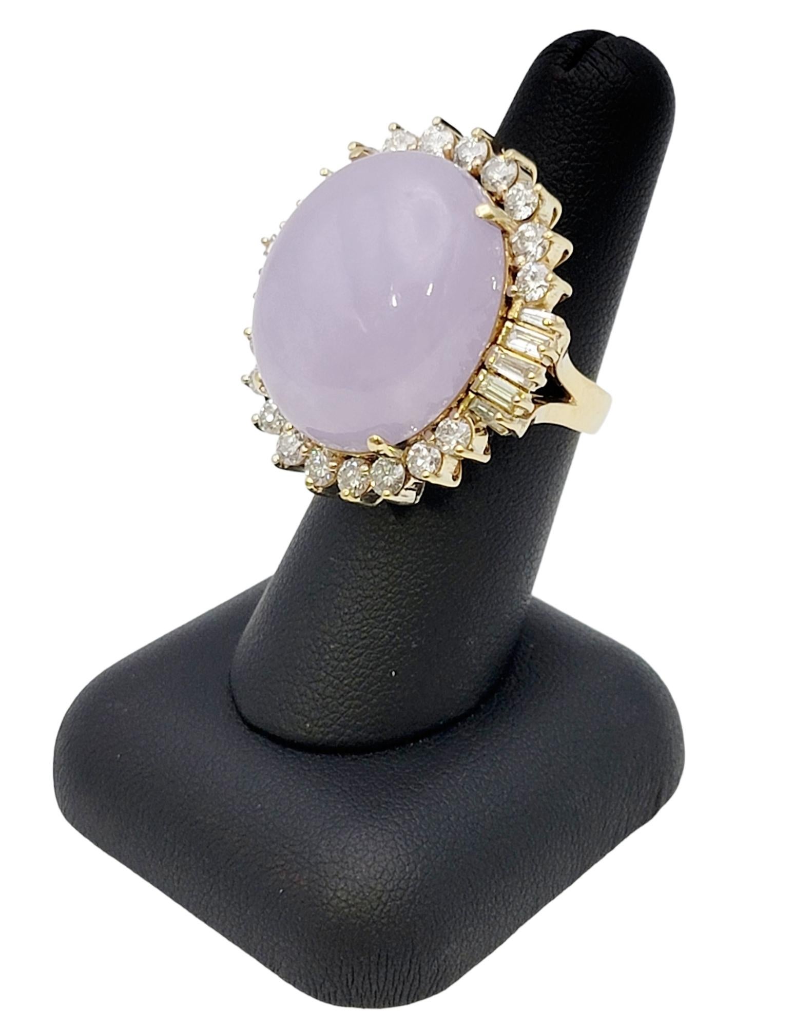 41.50 Carats Total Oval Cabochon Lavender Jade and Diamond Halo Cocktail Ring For Sale 12