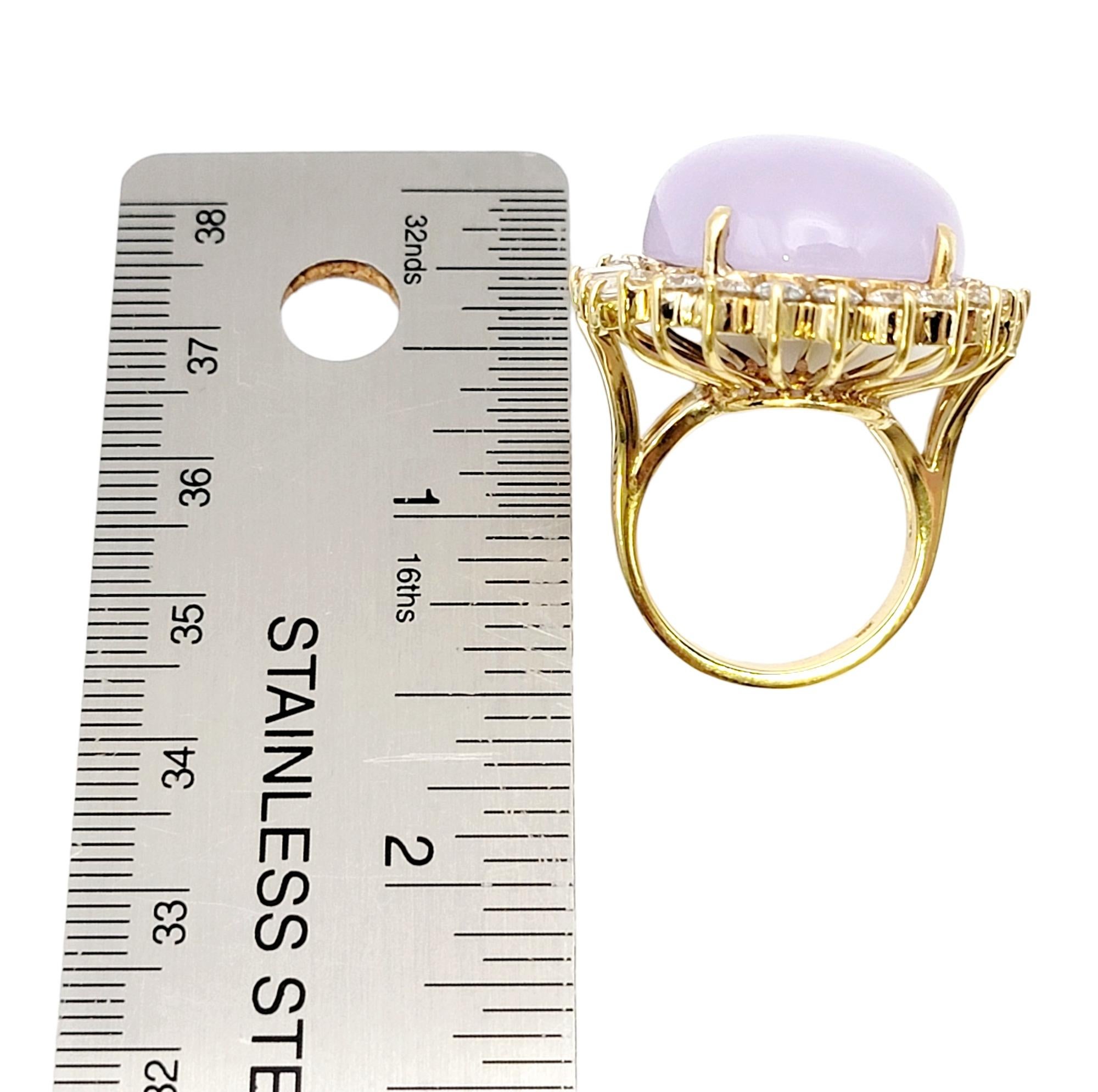 41.50 Carats Total Oval Cabochon Lavender Jade and Diamond Halo Cocktail Ring For Sale 13