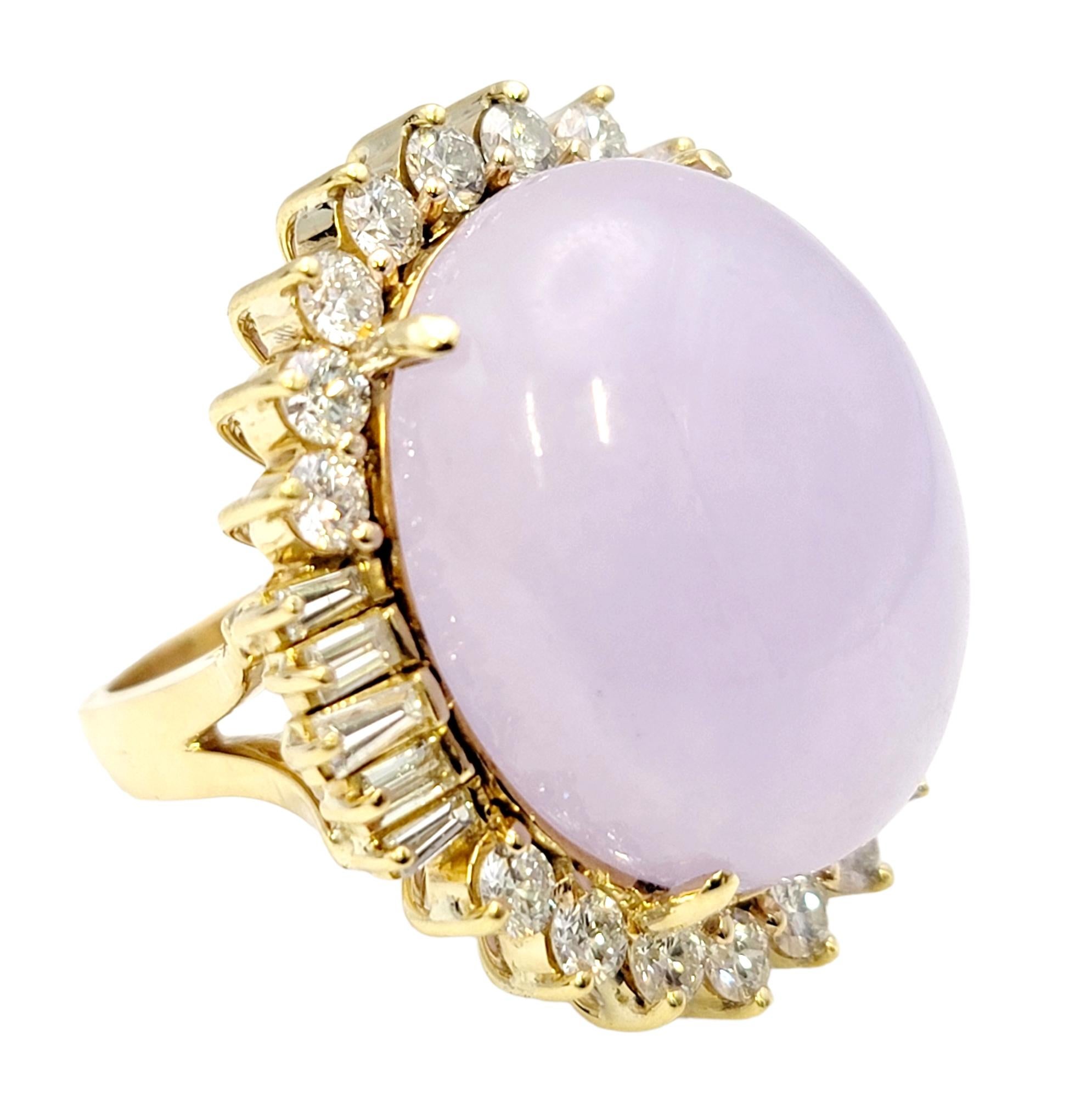 Contemporary 41.50 Carats Total Oval Cabochon Lavender Jade and Diamond Halo Cocktail Ring For Sale