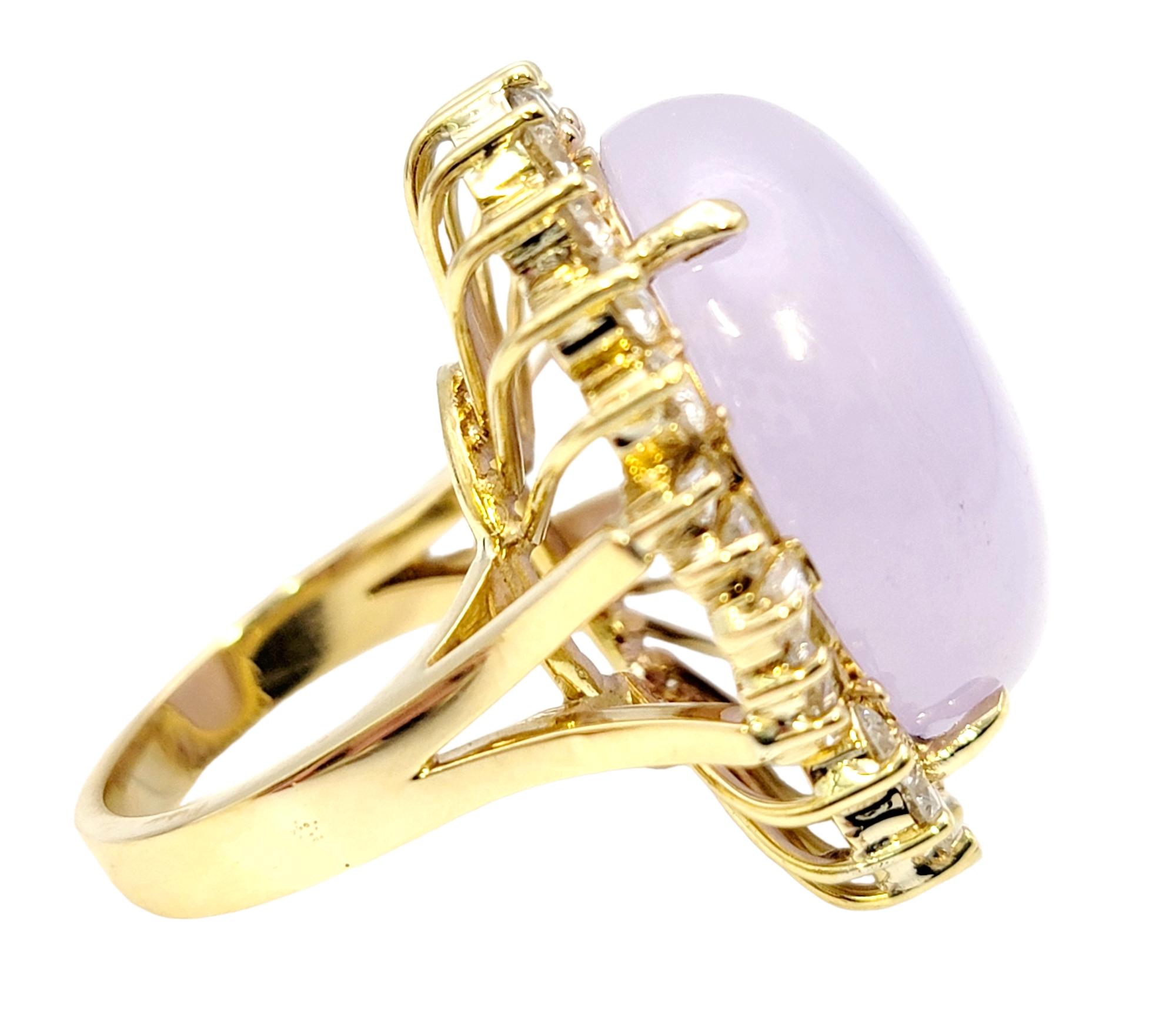 Women's 41.50 Carats Total Oval Cabochon Lavender Jade and Diamond Halo Cocktail Ring For Sale