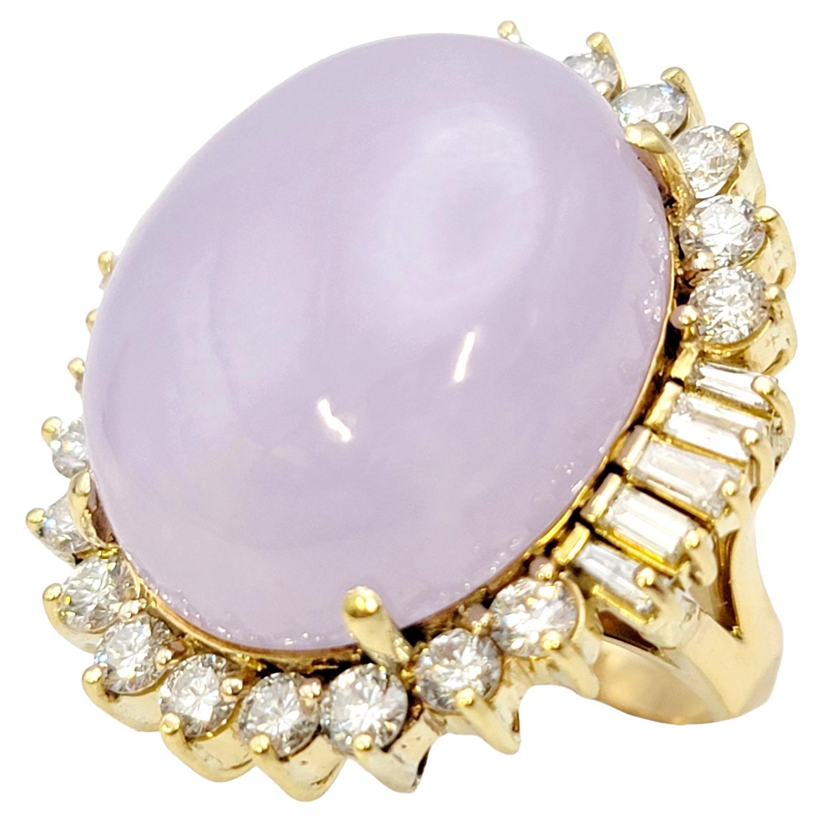 41.50 Carats Total Oval Cabochon Lavender Jade and Diamond Halo Cocktail Ring