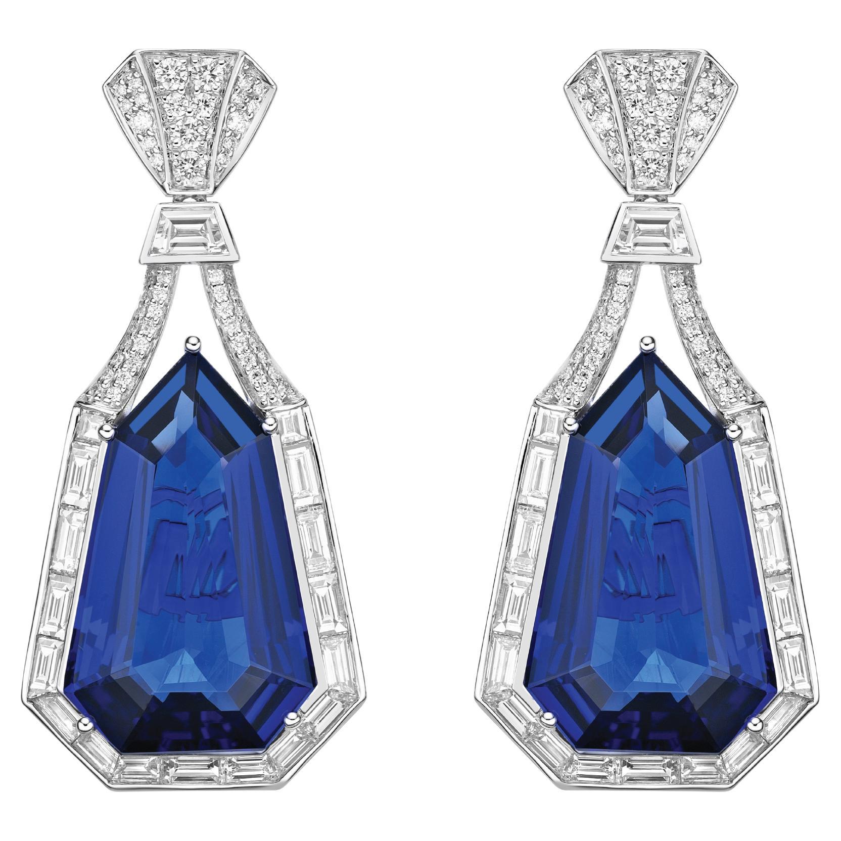 41.53 Carat Tanzanite Drop Earrings in 18Karat White Gold with Diamond. For Sale