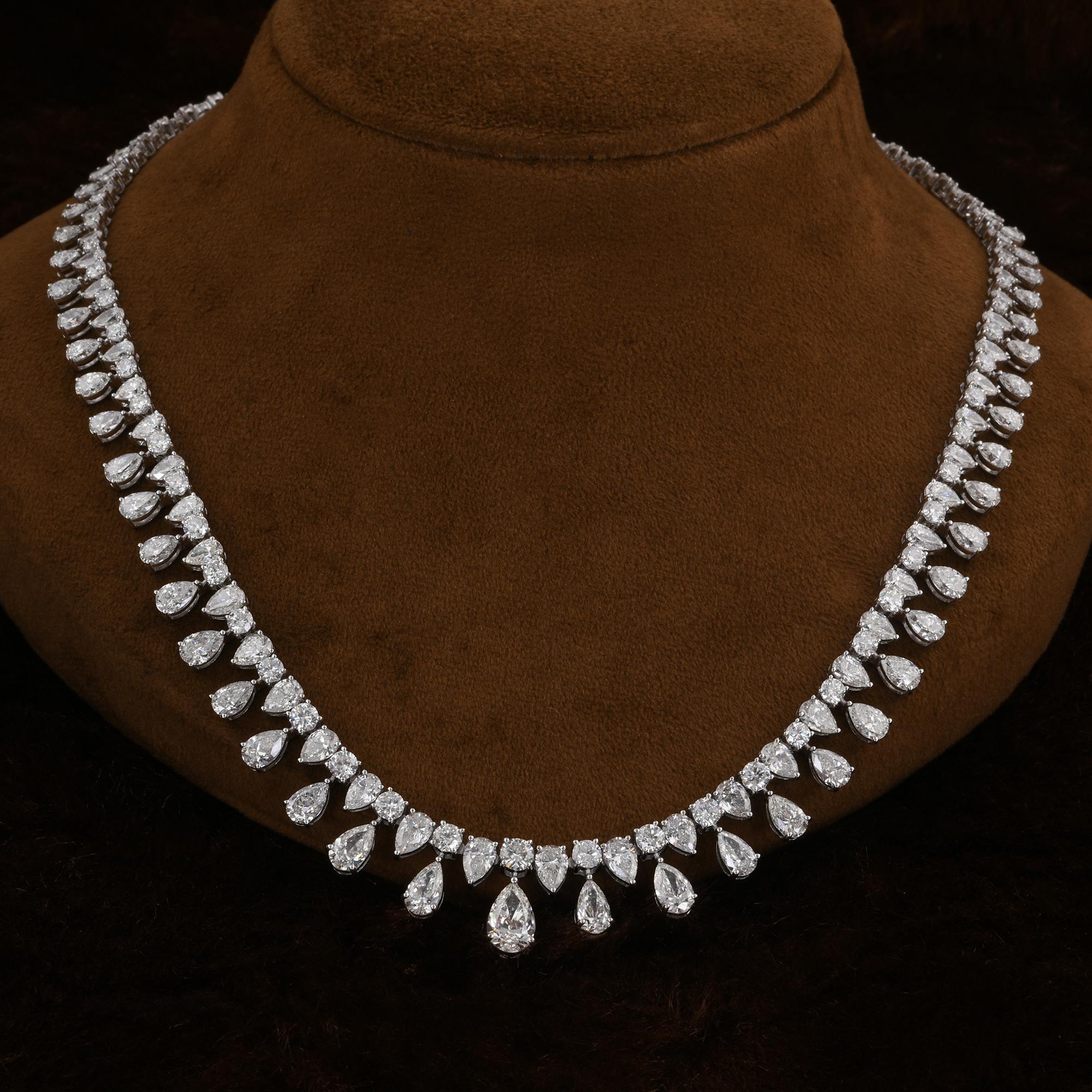 Pear Cut 41.54 Carat Pear & Round Diamond Necklace 14 Karat White Gold Handmade Jewelry For Sale