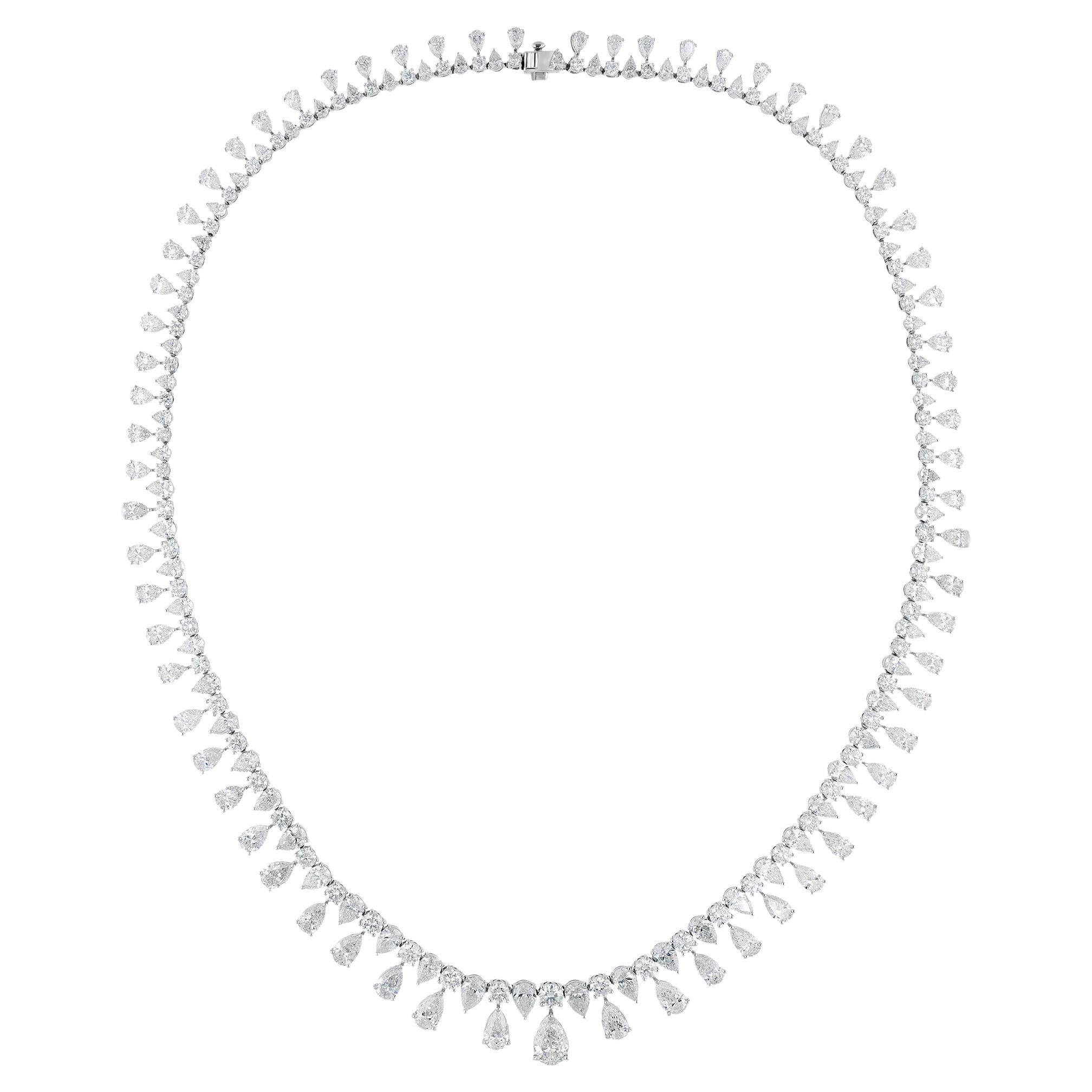 41.54 Carat Pear & Round Diamond Necklace 14 Karat White Gold Handmade Jewelry
