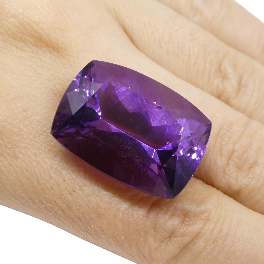 Description:

Gem Type: Amethyst
Number of Stones: 1
Weight: 41.54 cts
Measurements: 25.87 x 18.46 x 14.36 mm
Shape: Cushion
Cutting Style:
Cutting Style Crown: Brilliant Cut
Cutting Style Pavilion: Modified Brilliant Cut
Transparency:
