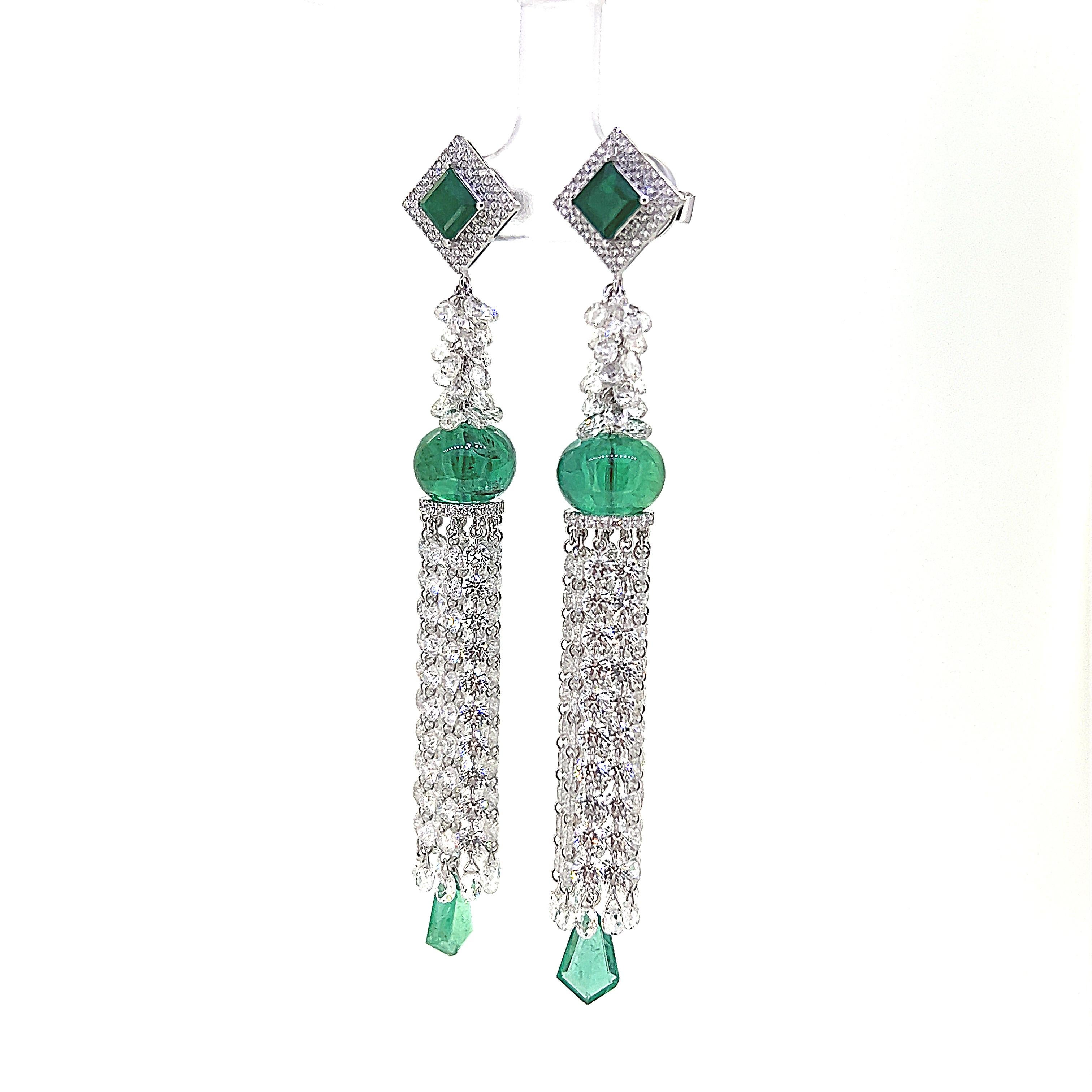 Uncut 41.58 Carat Emerald and Diamond Vintage Style Tassel Earrings 18K White Gold For Sale